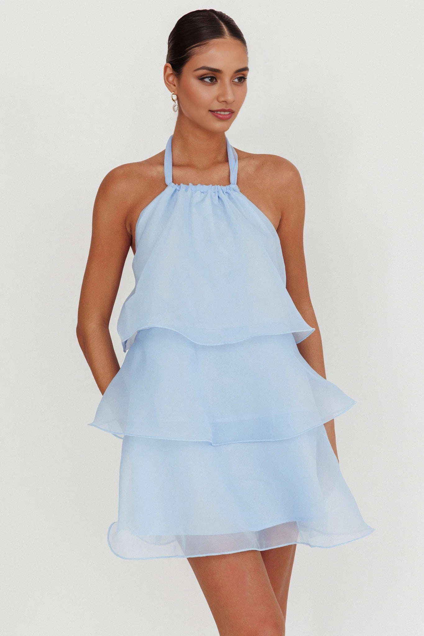Charming backless ruffled layered neck hanging mini Homecoming Dresses
