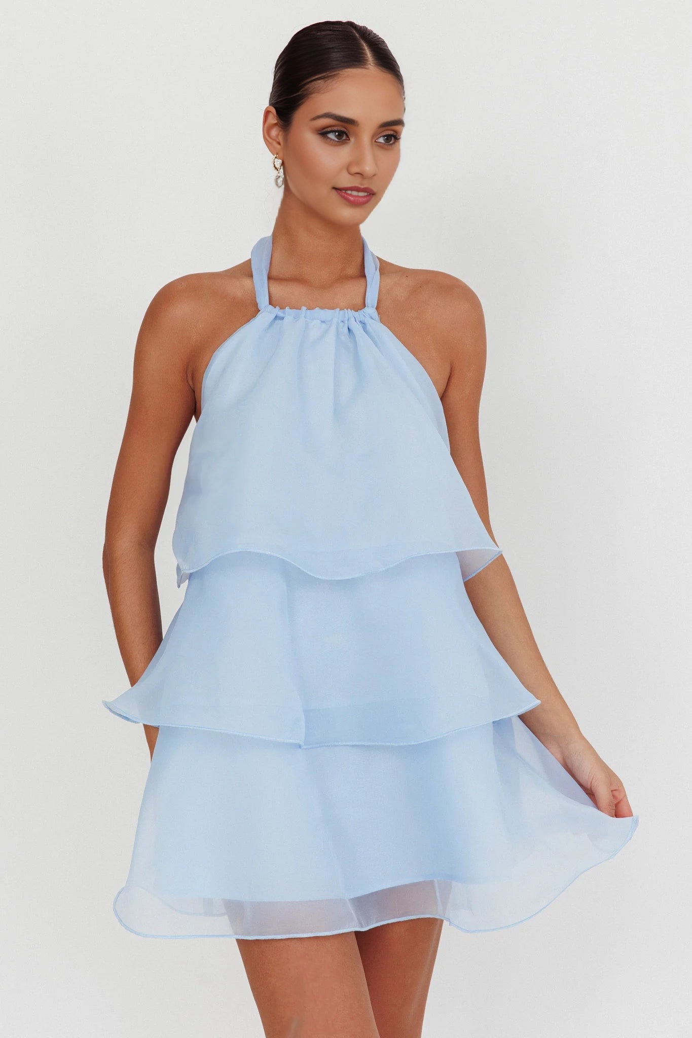 Charming backless ruffled layered neck hanging mini Homecoming Dresses