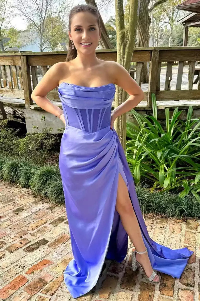 Charming dangling neckline, tight corset, pleated embellishments, off shoulder, sleeveless, slit zipper, back Prom Dresses