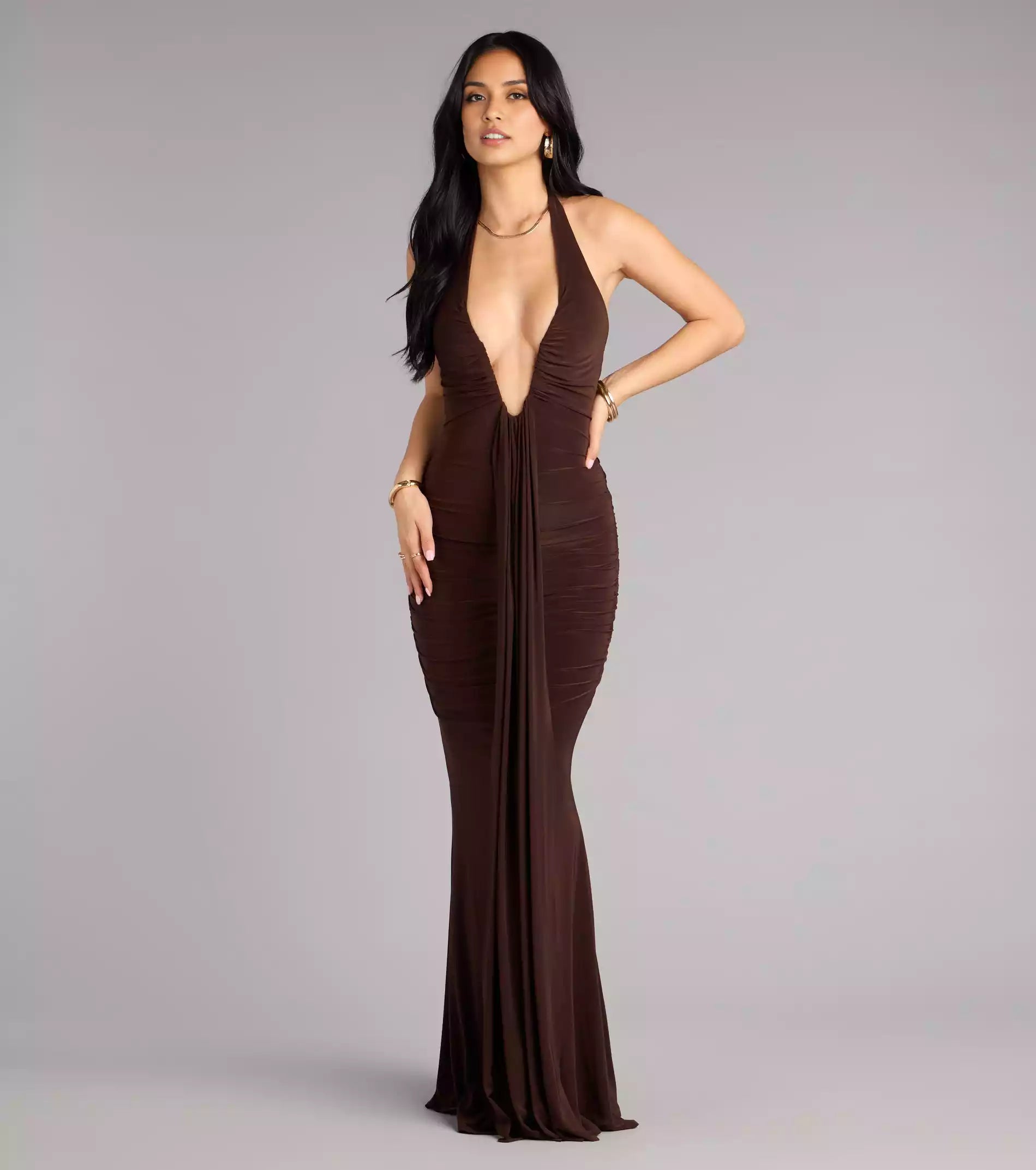 Charming deep V-neckline, front waistband, hanging pleats, backless mermaid, and floor skirt Prom Dresses