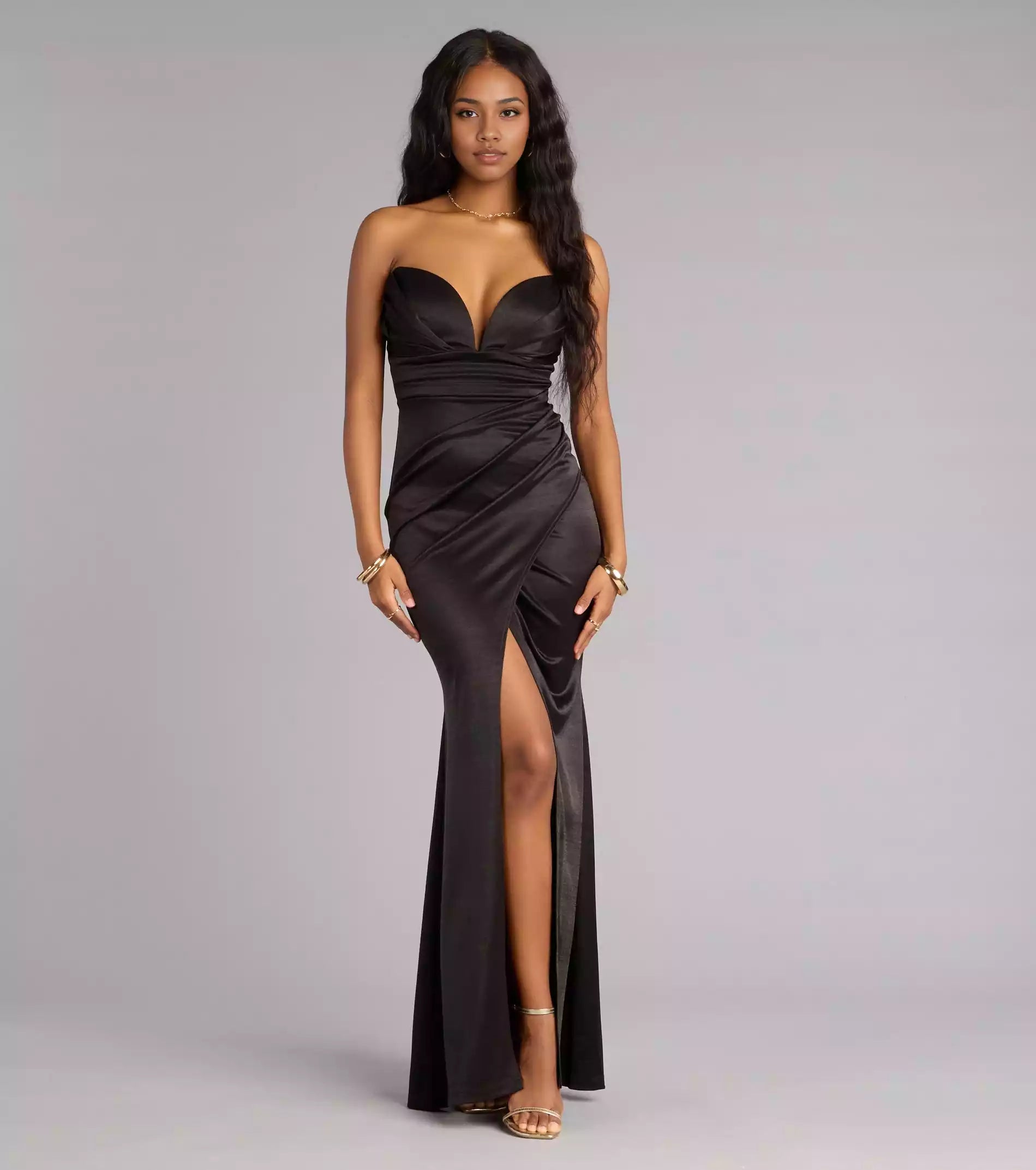 Charming elastic satin deep V-neck with pleated decoration, high front slit mermaid and floor skirt Prom Dresses