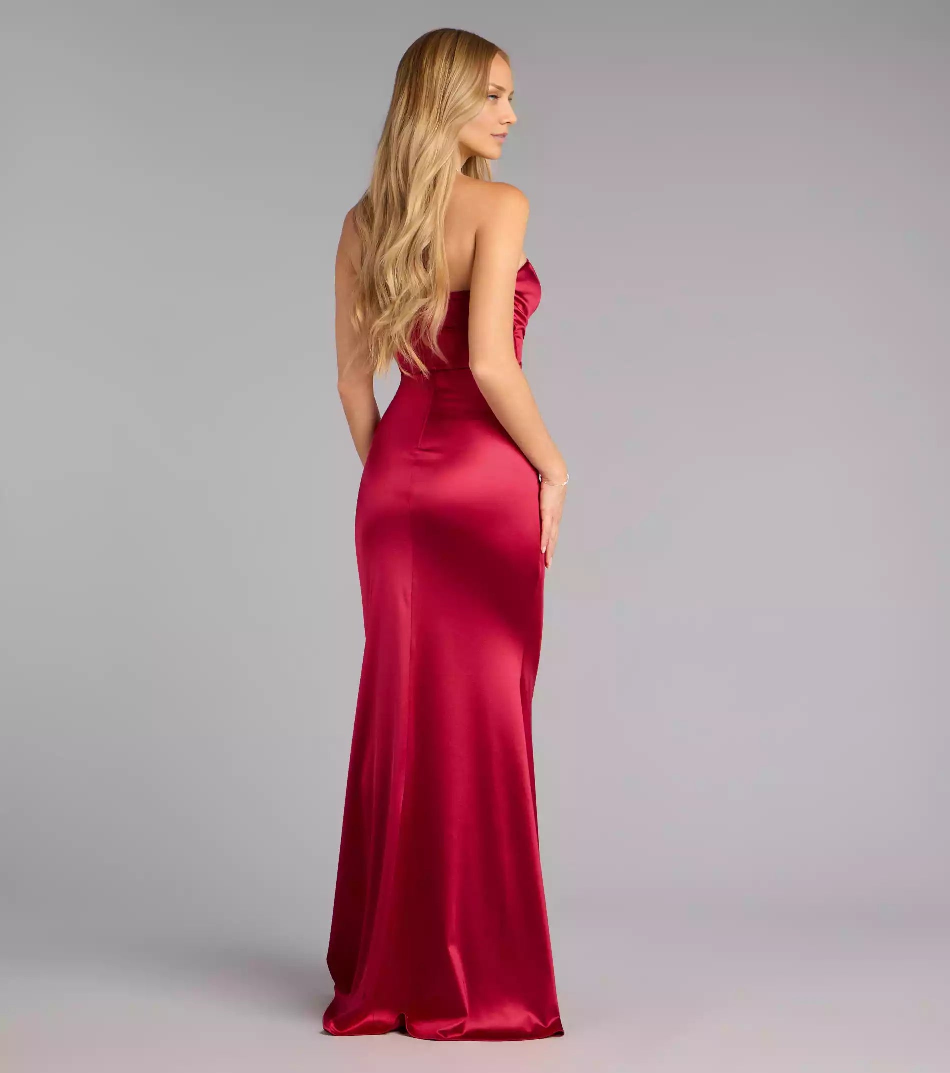 Charming elastic satin strapless neckline with V-shaped decoration featuring mermaid and floor Prom Dresses