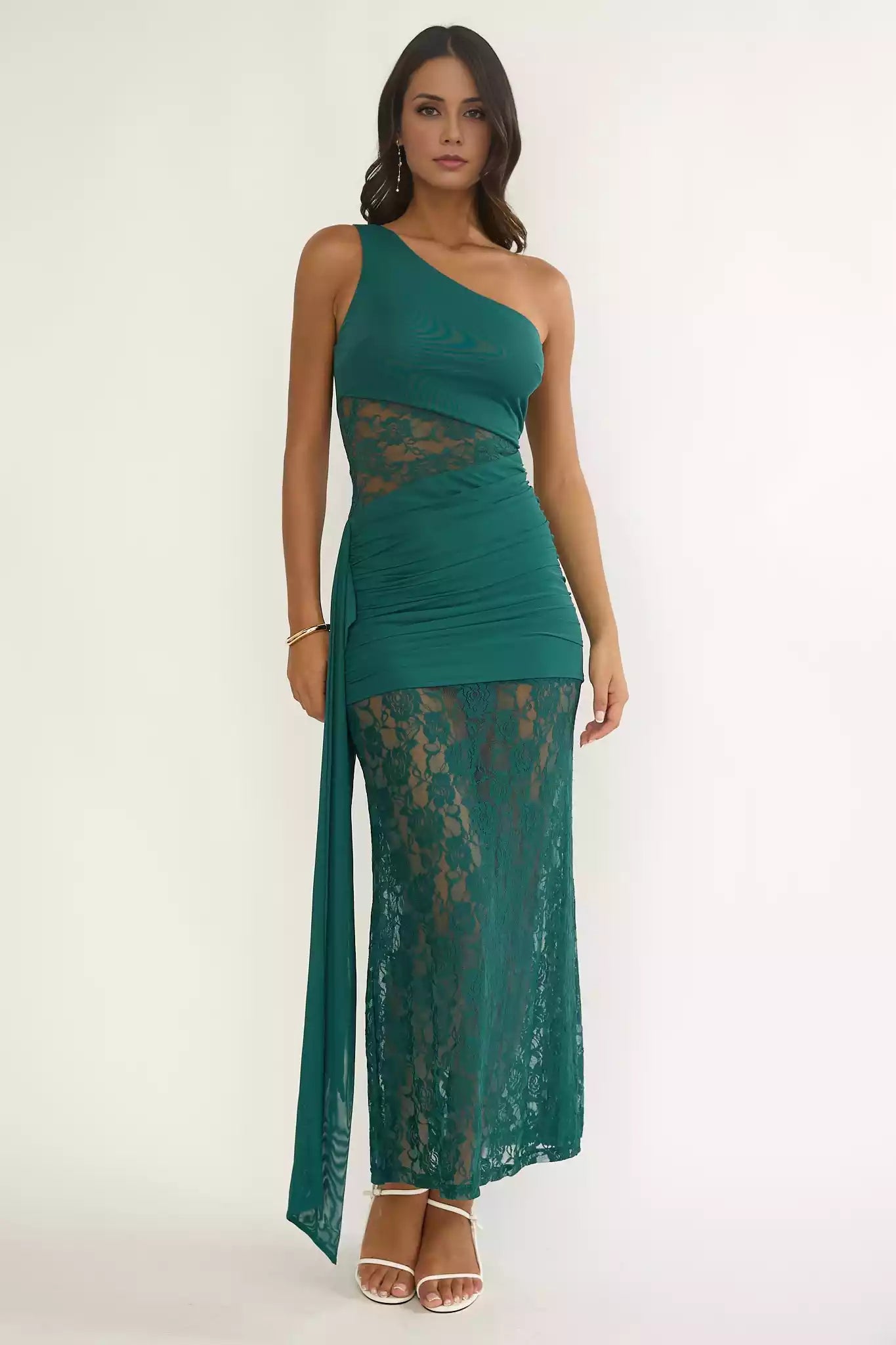 Charming extra long lining, single shoulder pleat details, lace side zipper, Prom Dresses