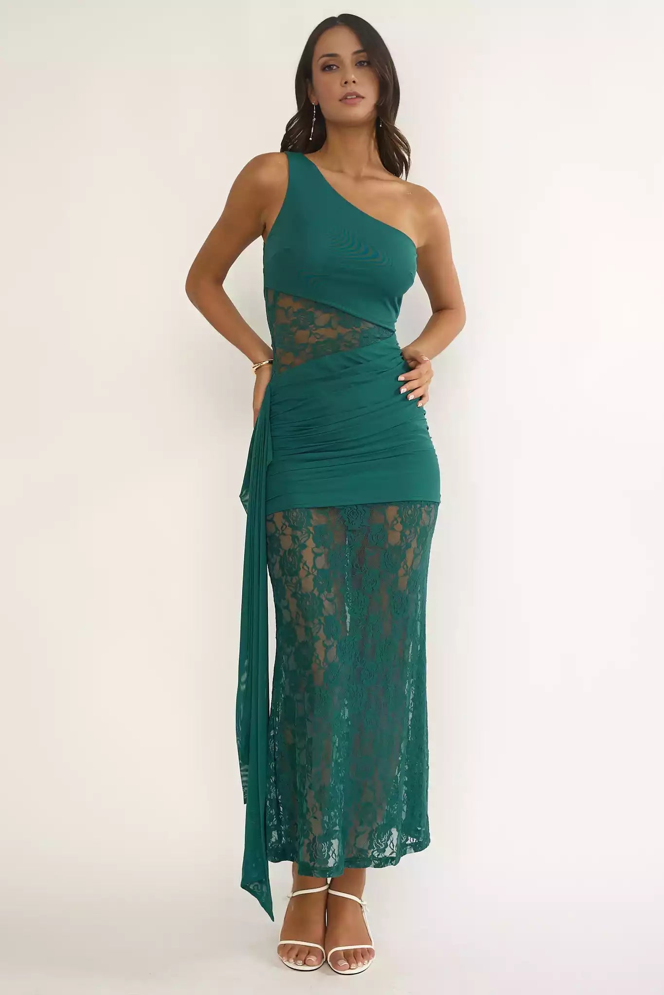 Charming extra long lining, single shoulder pleat details, lace side zipper, Prom Dresses