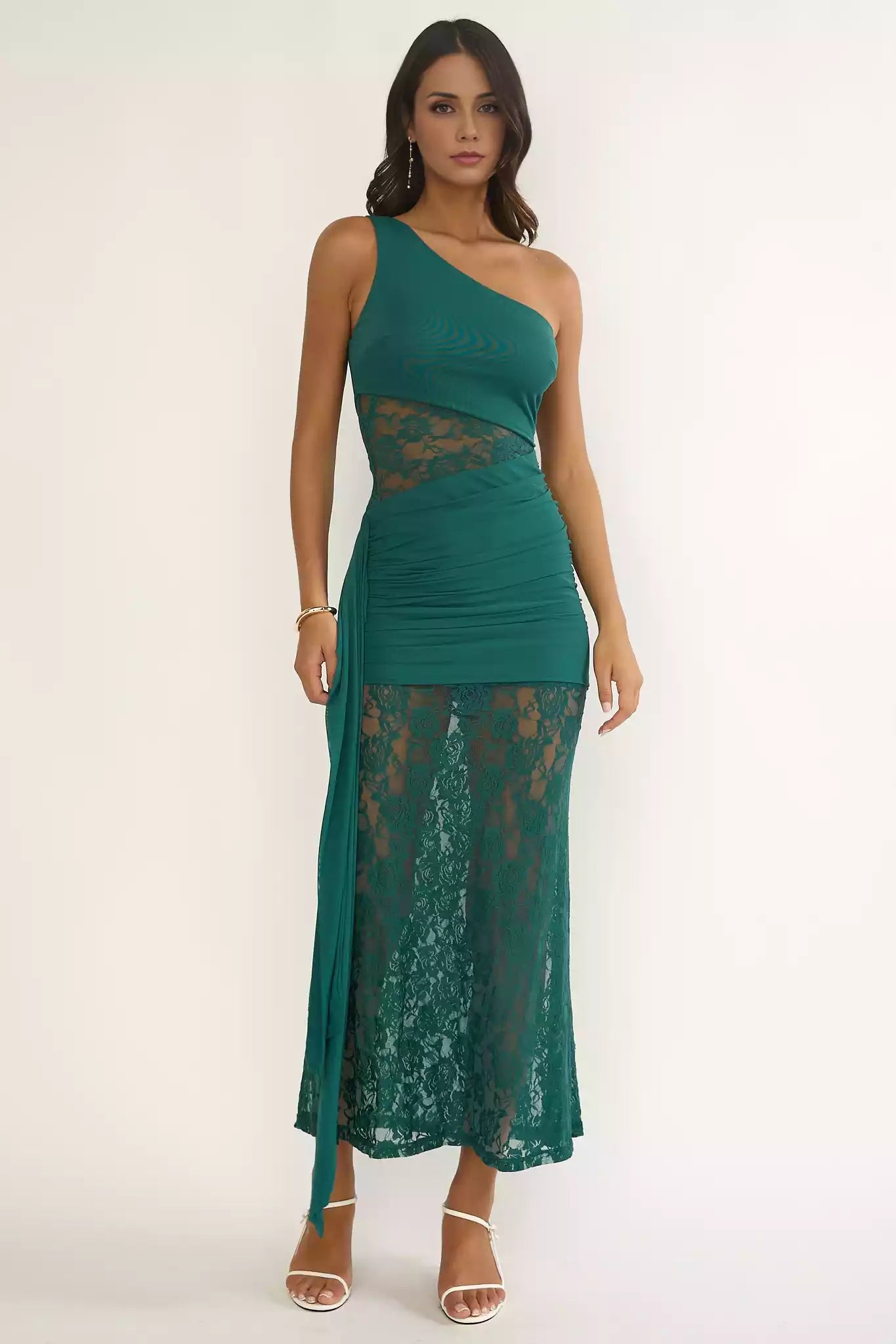 Charming extra long lining, single shoulder pleat details, lace side zipper, Prom Dresses