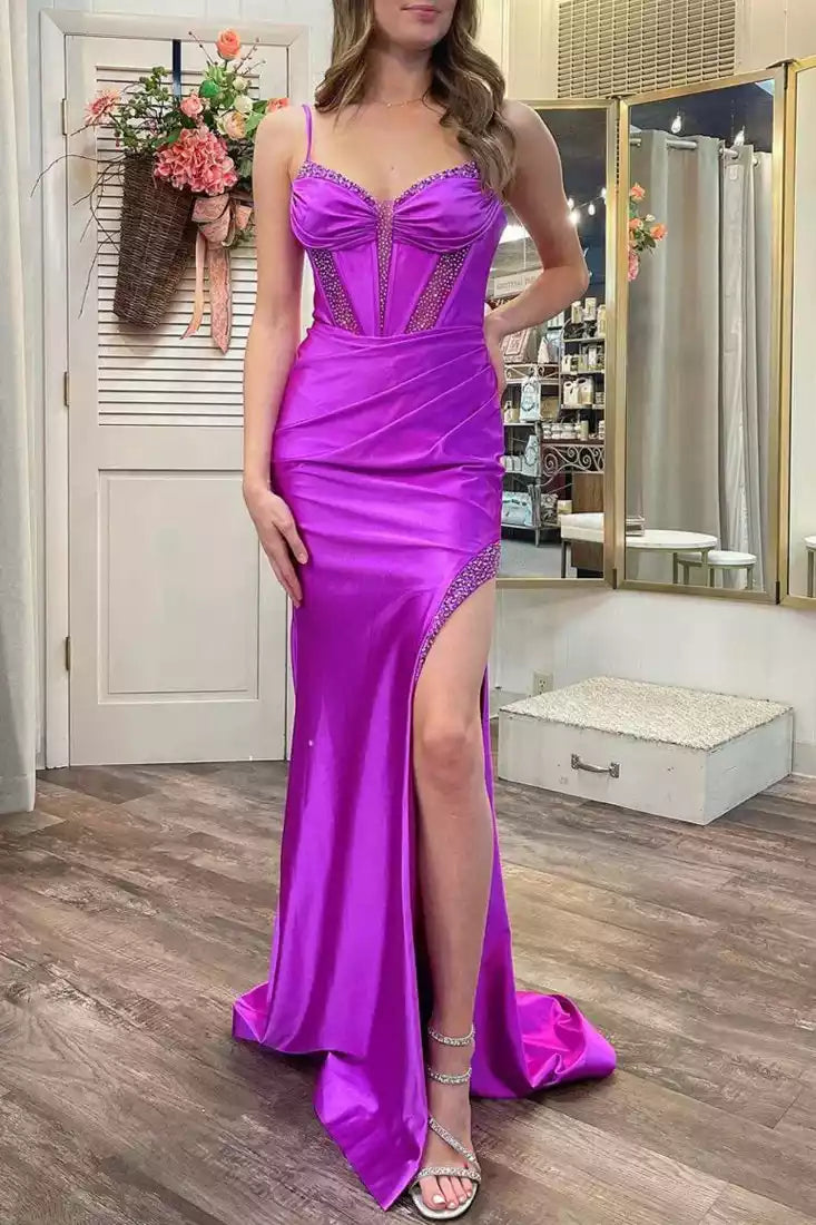 Charming fishtail satin slim fit silhouette with thin shoulder straps, slit neckline, and beaded Prom Dresses