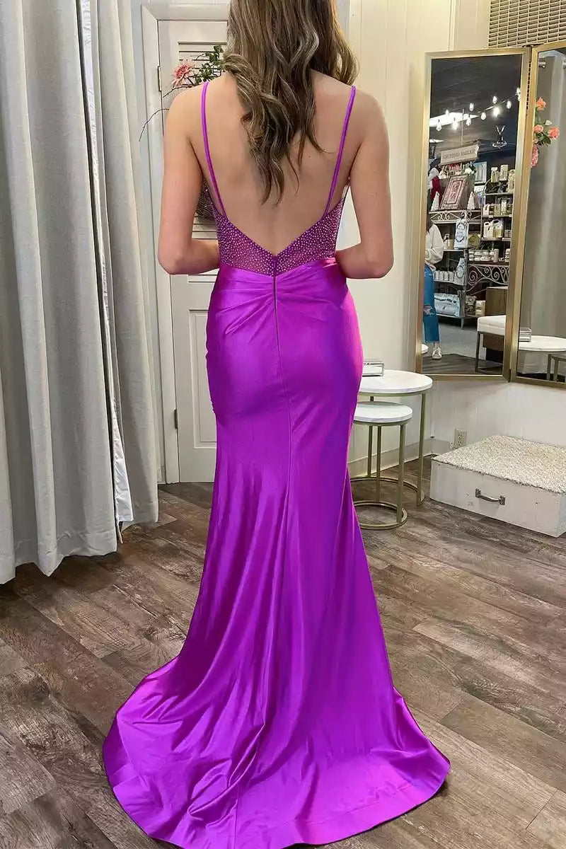Charming fishtail satin slim fit silhouette with thin shoulder straps, slit neckline, and beaded Prom Dresses