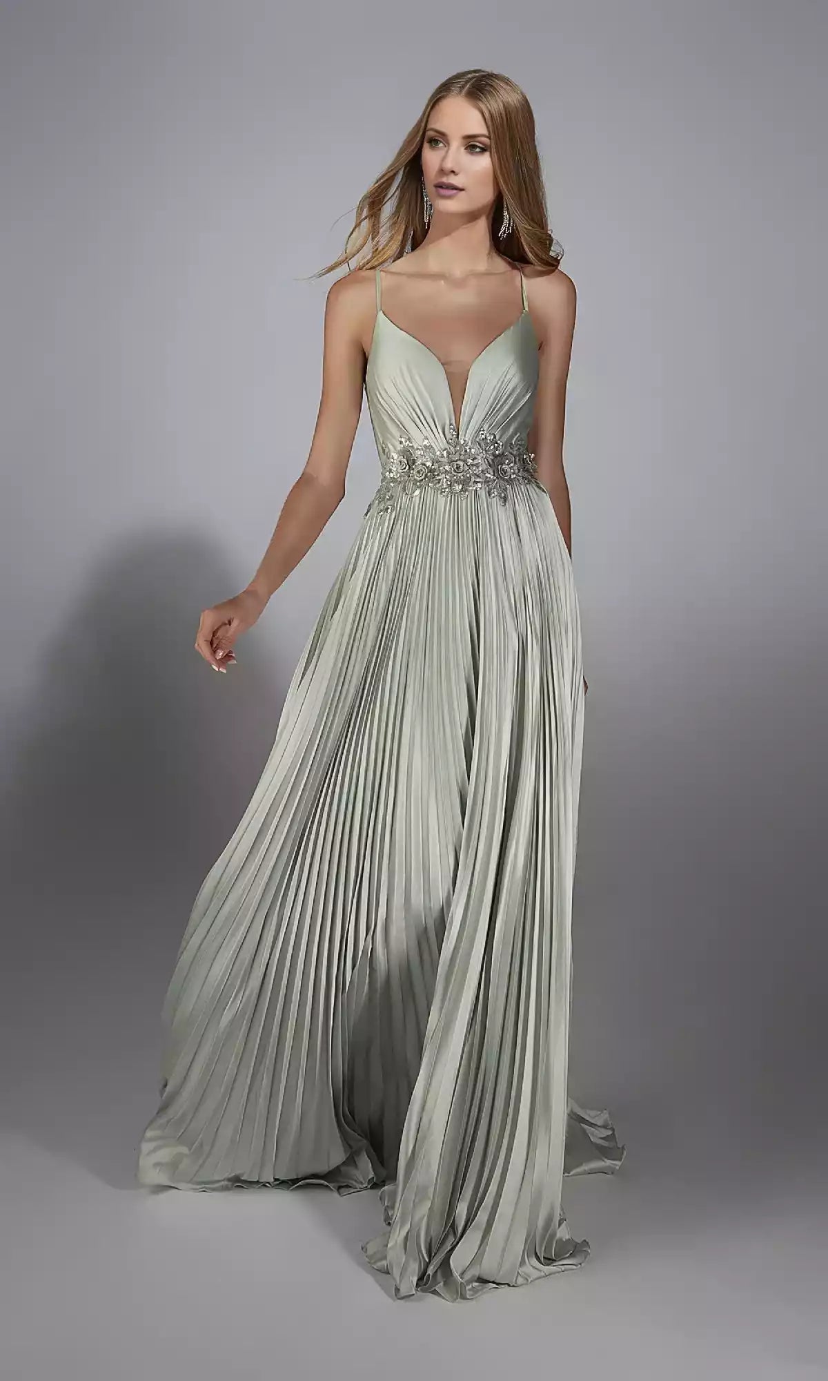 Charming long satin pleated A-line skirt with bead embellishments, natural waistline exposed, low perspective V-neck Prom Dresses