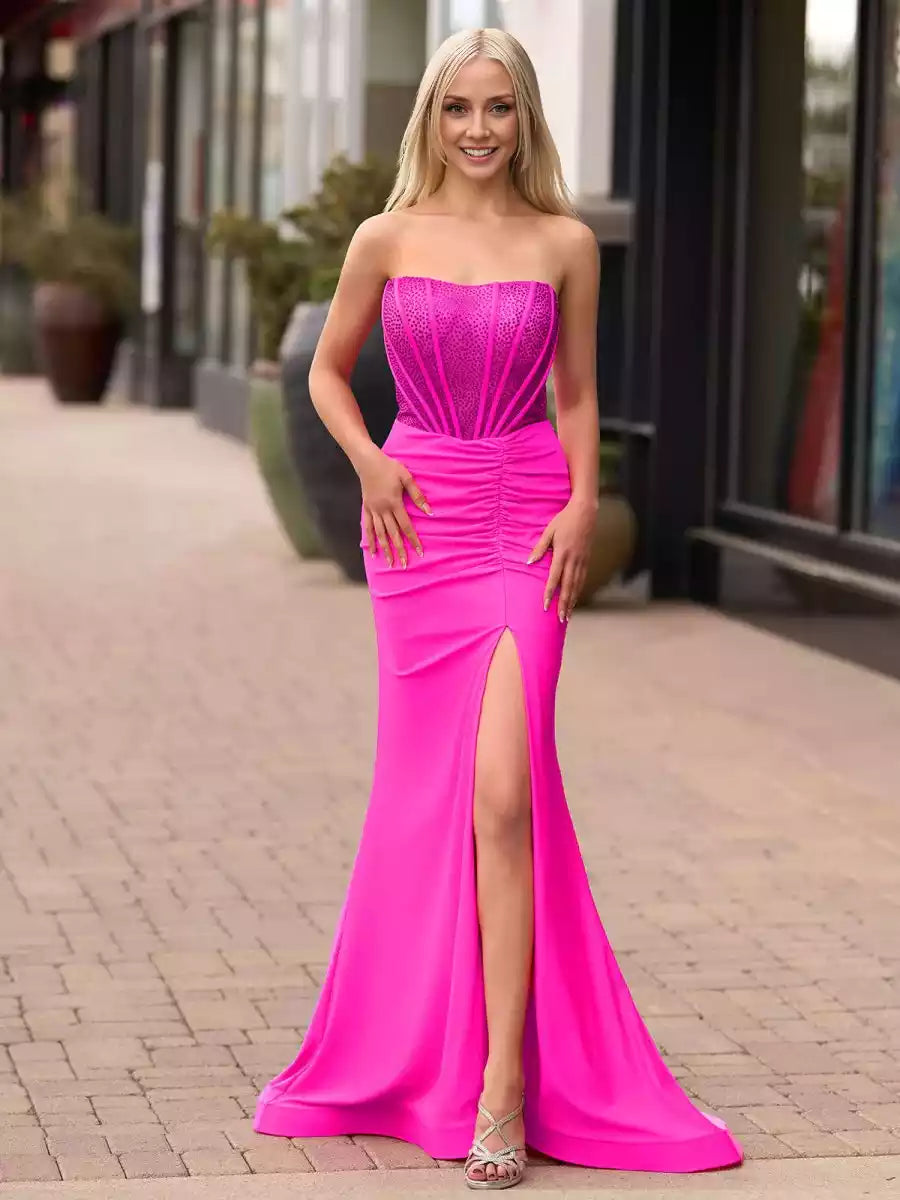 Charming mermaid off shoulder satin and sleeveless beaded lace up back Prom Dresses