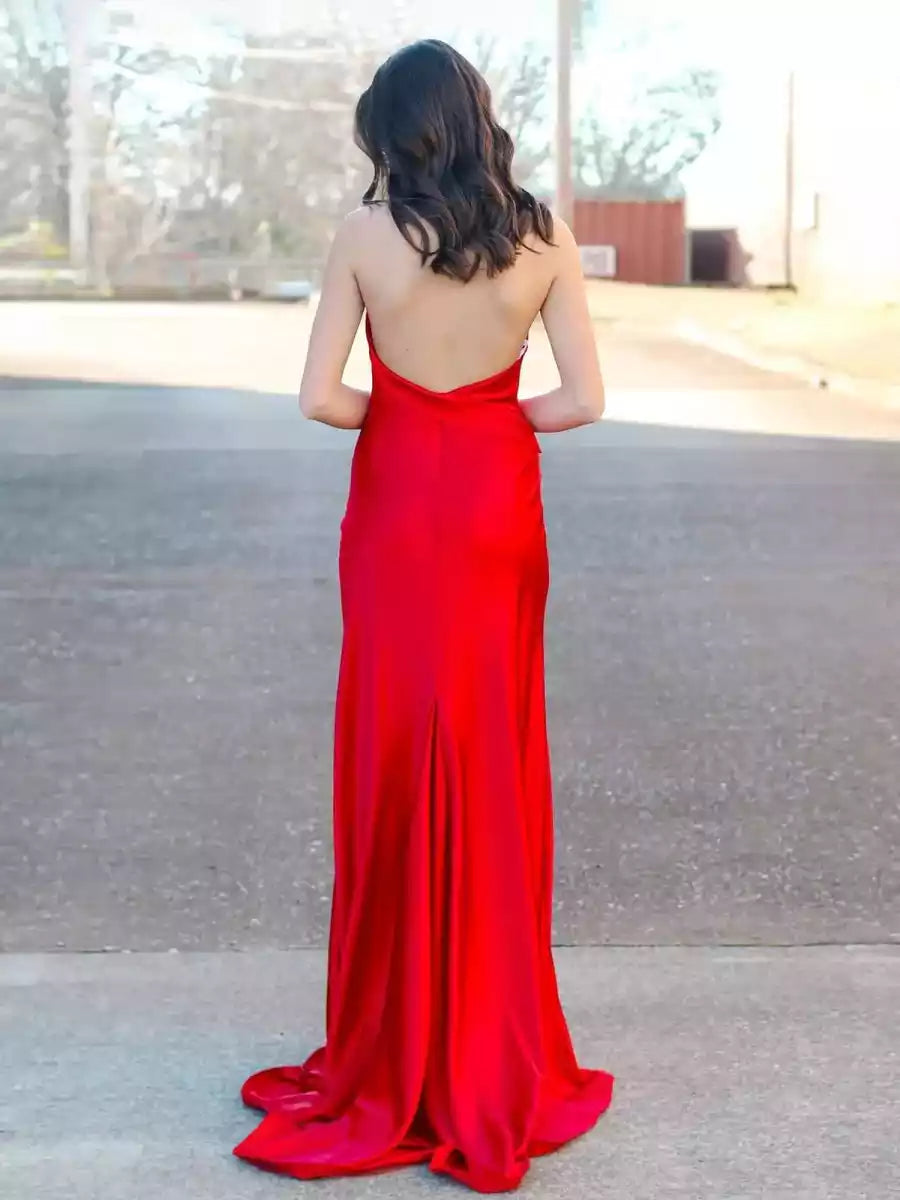Charming mermaid satin backless sleeveless side slit back strap Prom Dresses