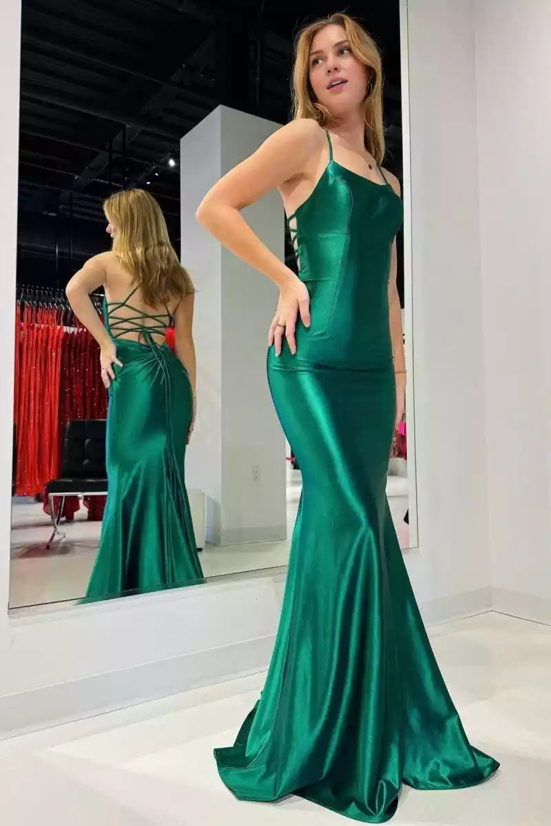 Charming mermaid satin thin shoulder strap, sleeveless collar, lace up back Prom Dresses