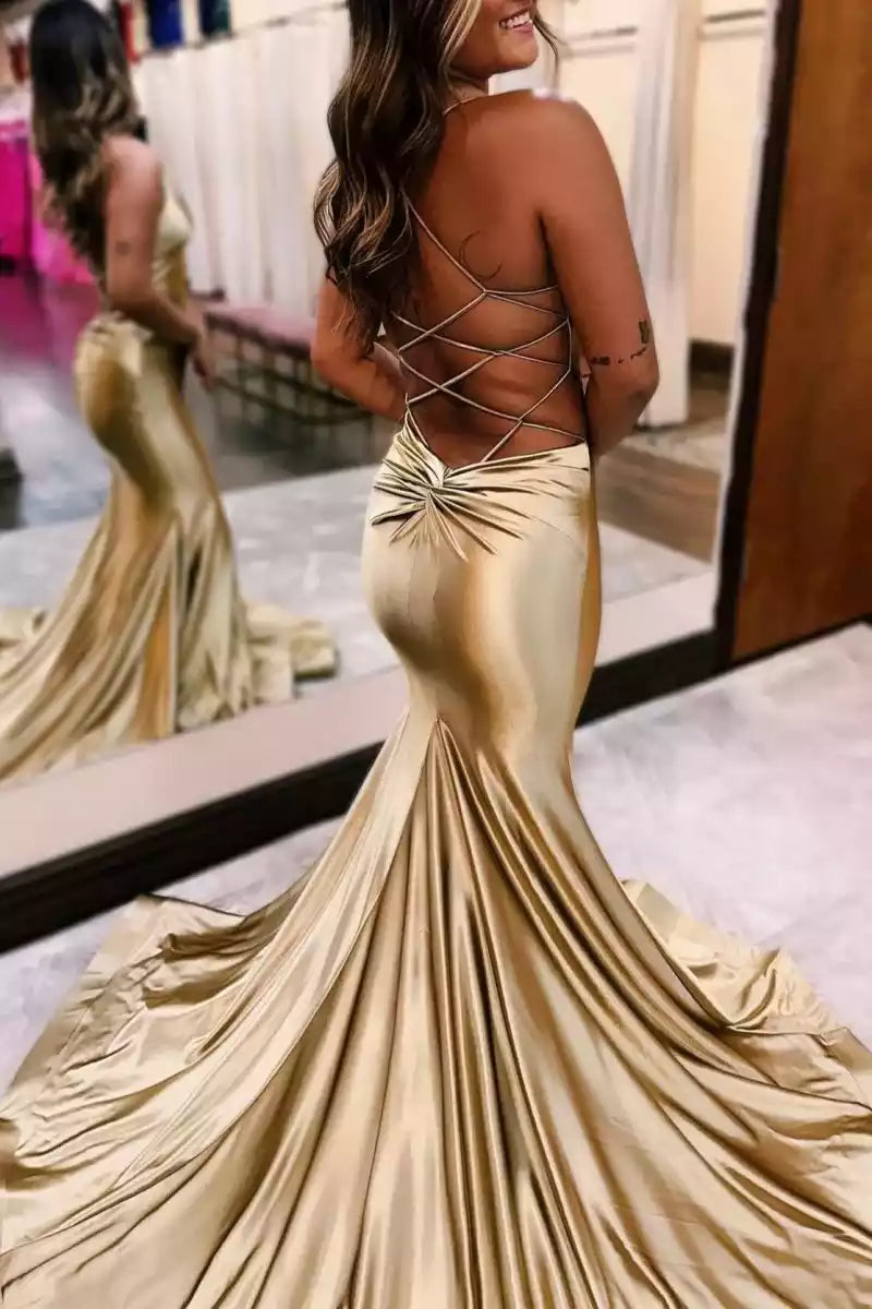 Charming mermaid satin thin shoulder strap, sleeveless collar, lace up back Prom Dresses