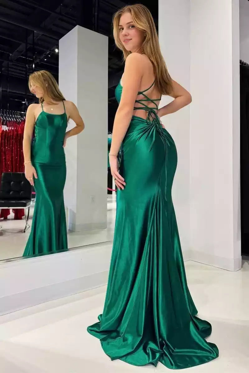 Charming mermaid satin thin shoulder strap, sleeveless collar, lace up back Prom Dresses