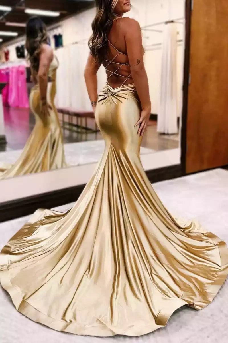 Charming mermaid satin thin shoulder strap, sleeveless collar, lace up back Prom Dresses