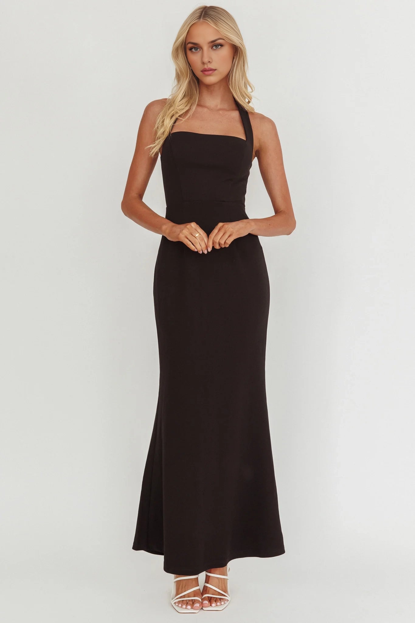 Charming mermaid square neckline hanging neck backless bridesmaid dress