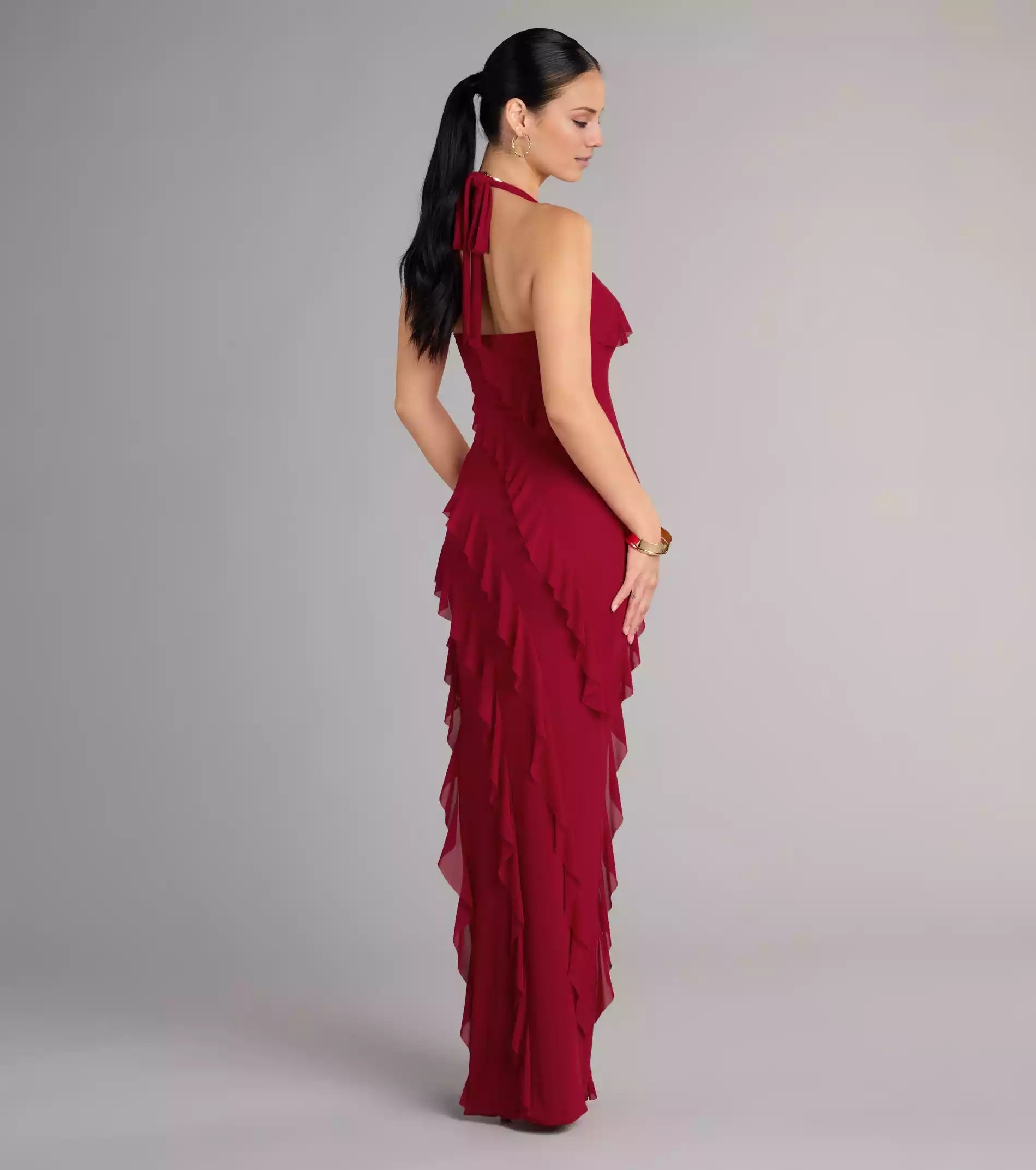 Charming mesh lining hanging neck style square collar tie closure high side seam ruffle edge close fitting cut and floor Prom Dresses