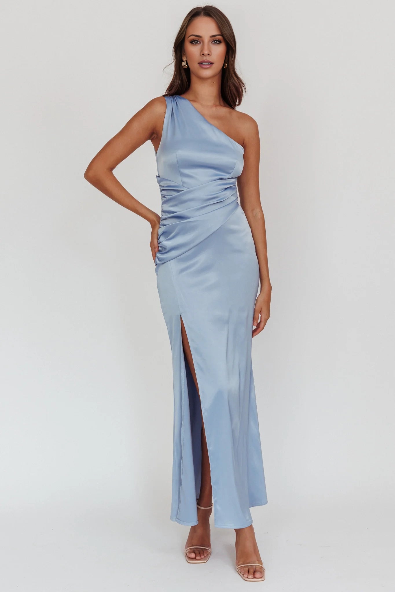 Charming one shoulder pleated satin with an extra long asymmetrical neckline and pleated details Homecoming Dresses