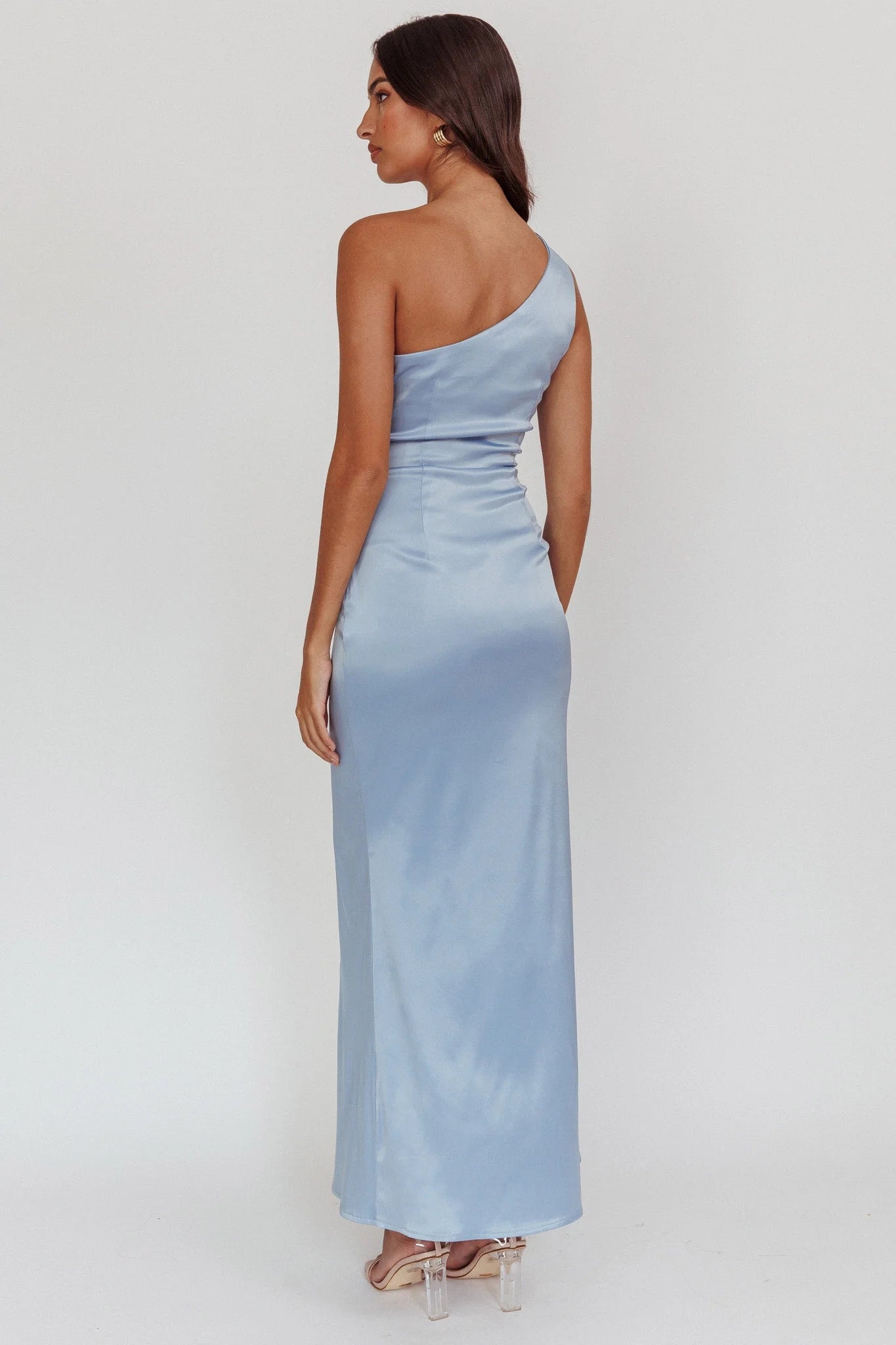 Charming one shoulder pleated satin with an extra long asymmetrical neckline and pleated details Homecoming Dresses