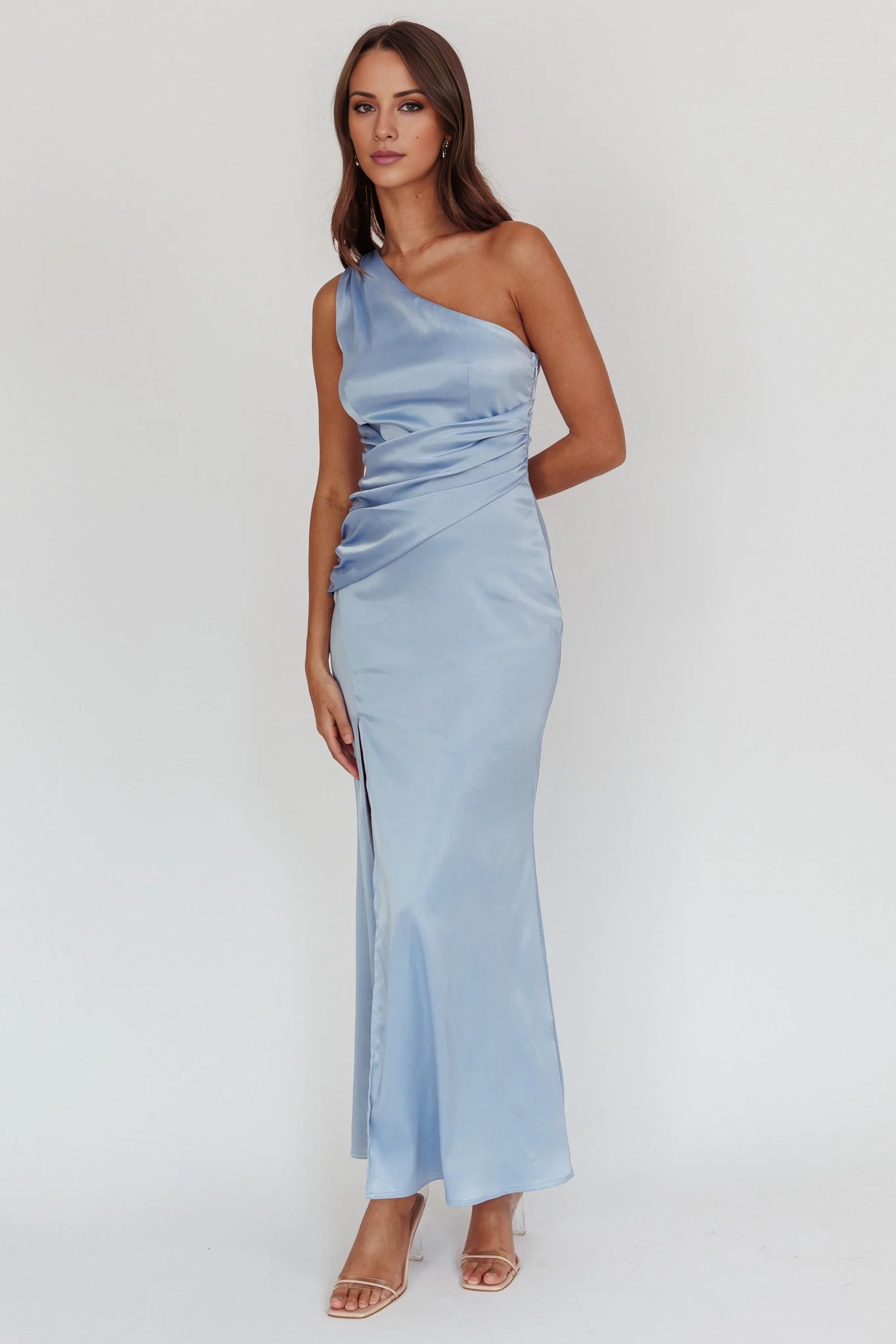 Charming one shoulder pleated satin with an extra long asymmetrical neckline and pleated details Homecoming Dresses