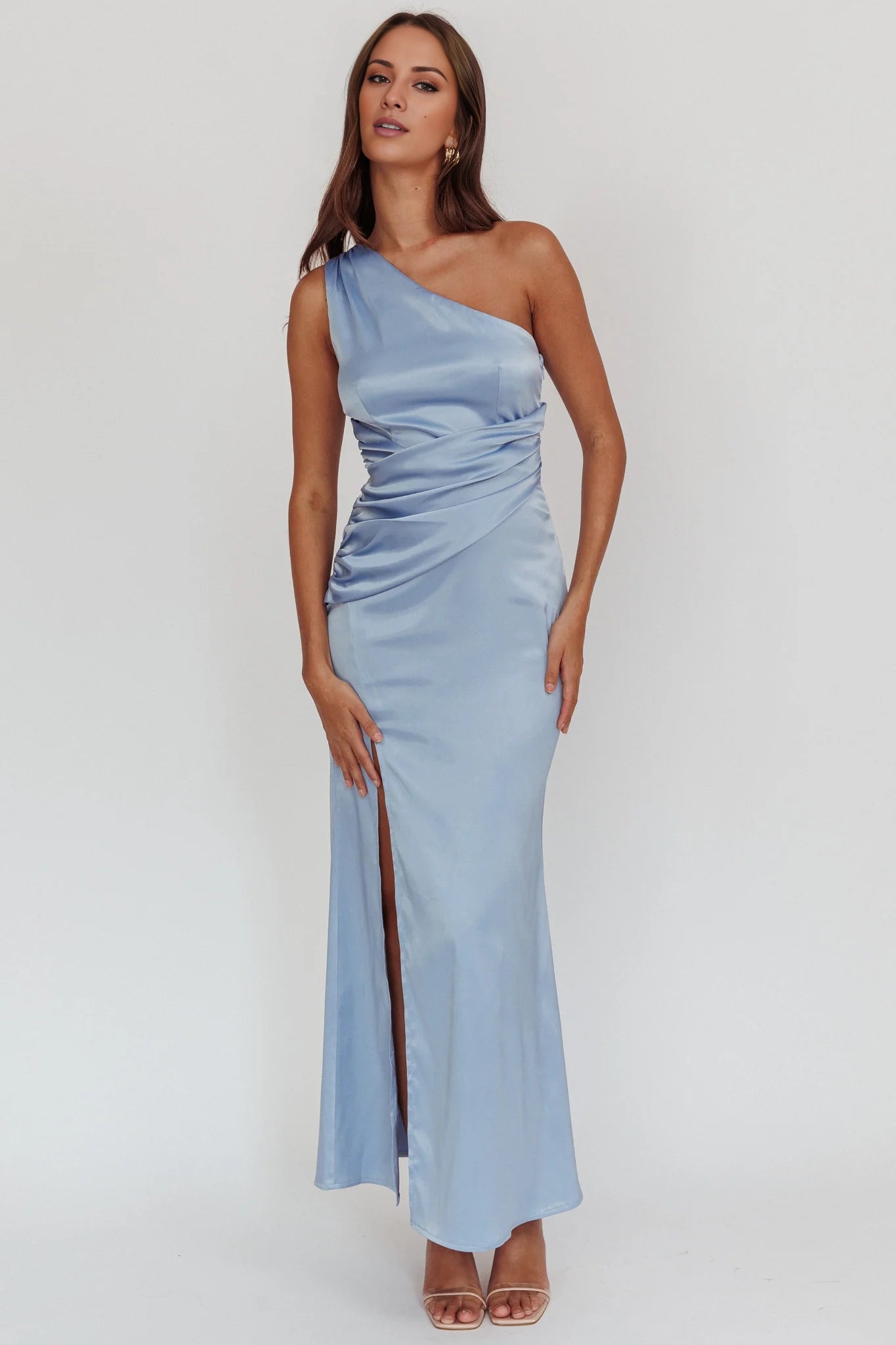 Charming one shoulder pleated satin with an extra long asymmetrical neckline and pleated details Homecoming Dresses