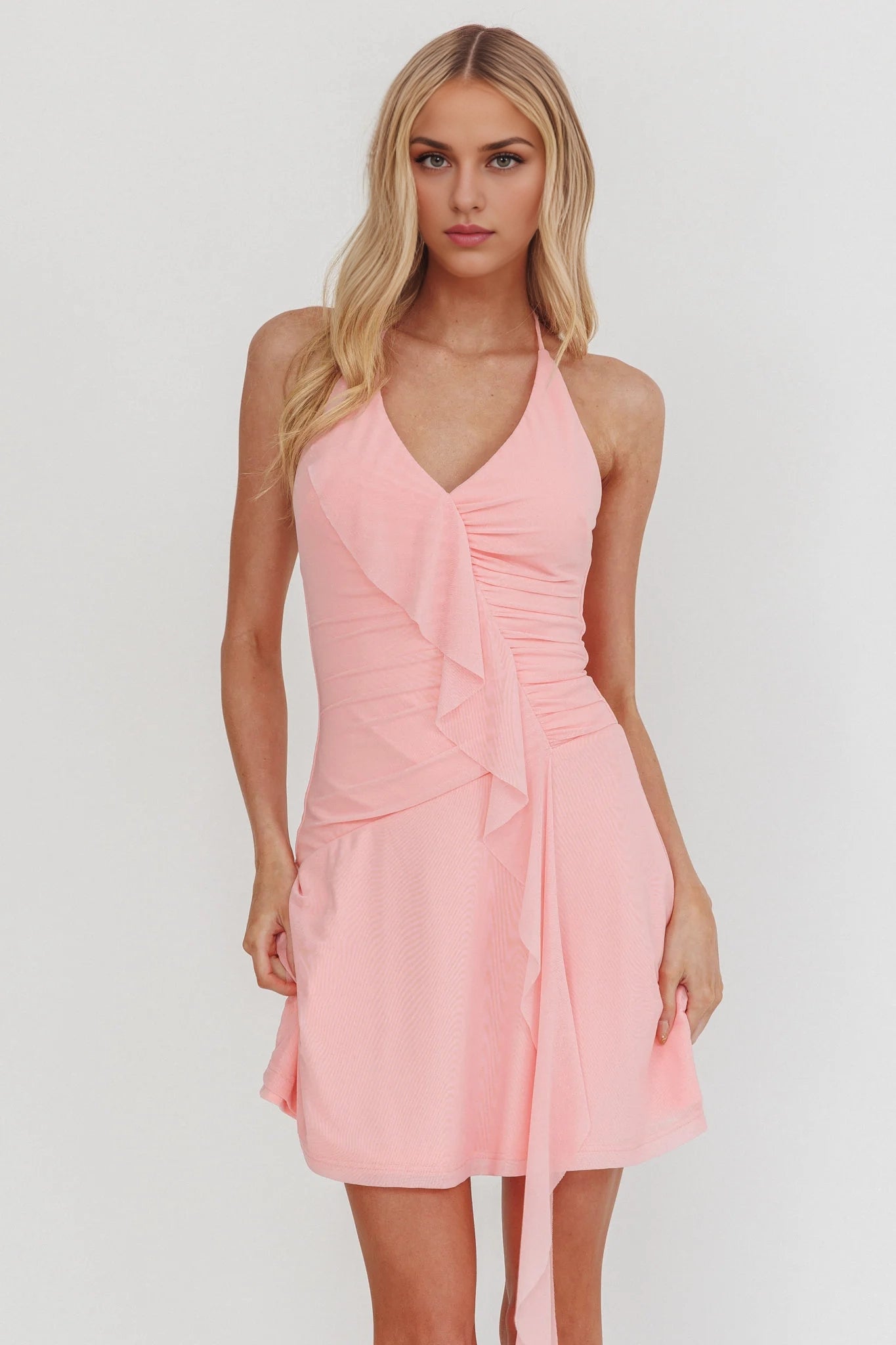Charming ruffled hem hanging neck mini tight corset Homecoming Dresses
