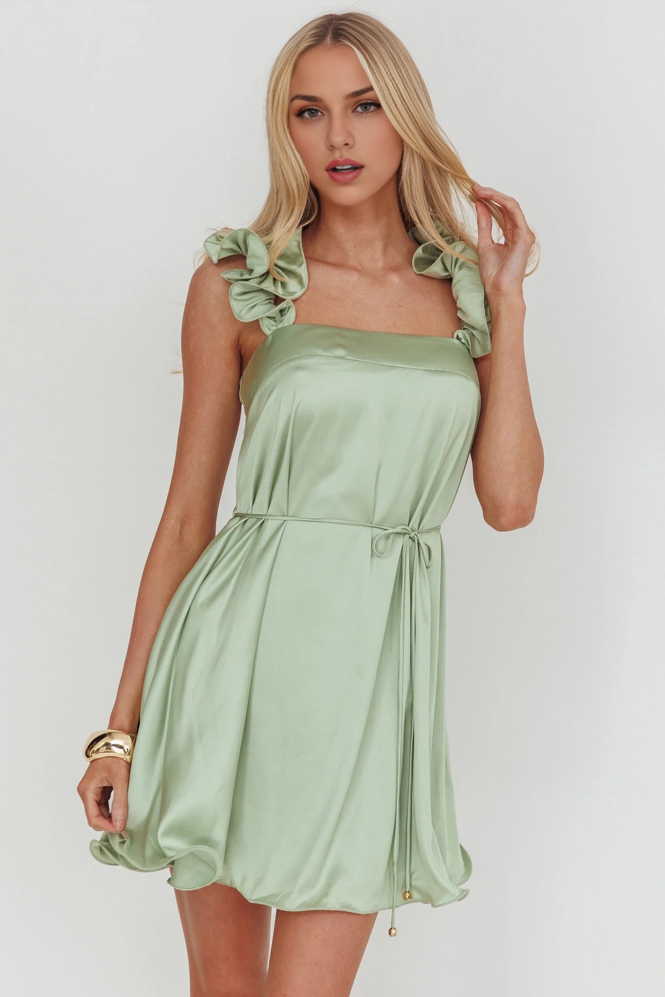 Charming ruffled shoulder straps, waist tie, back zipper, Homecoming Dresses