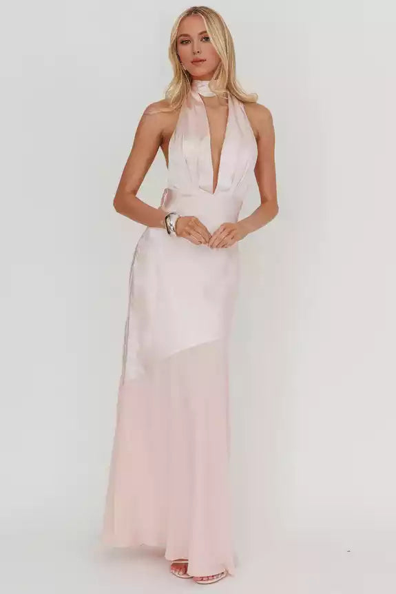 Charming satin extra long deep V-neckline, backless, invisible side zipper Prom Dresses