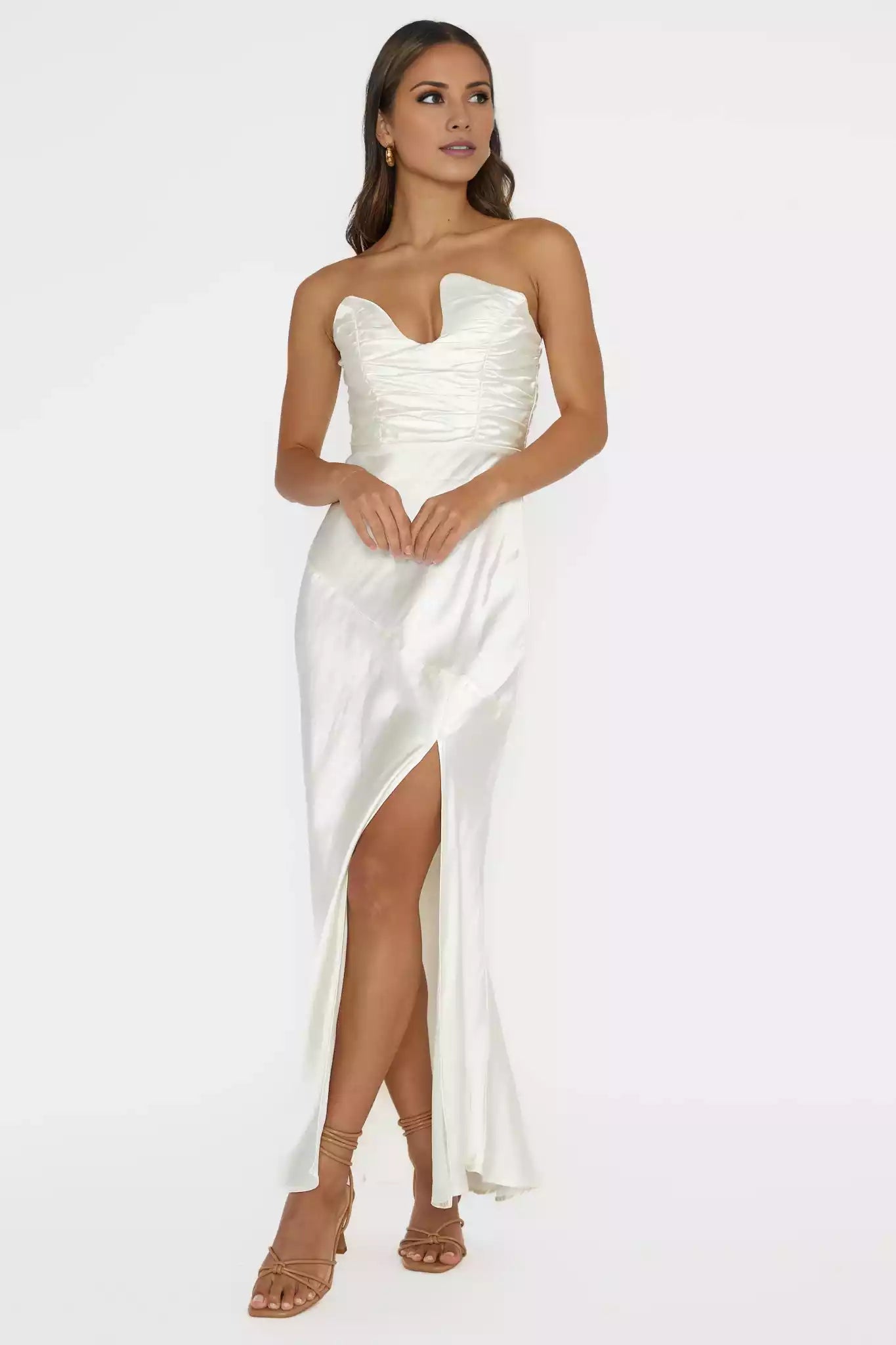 Charming satin long unlined strapless corset with side slits and hidden zippers Prom Dresses