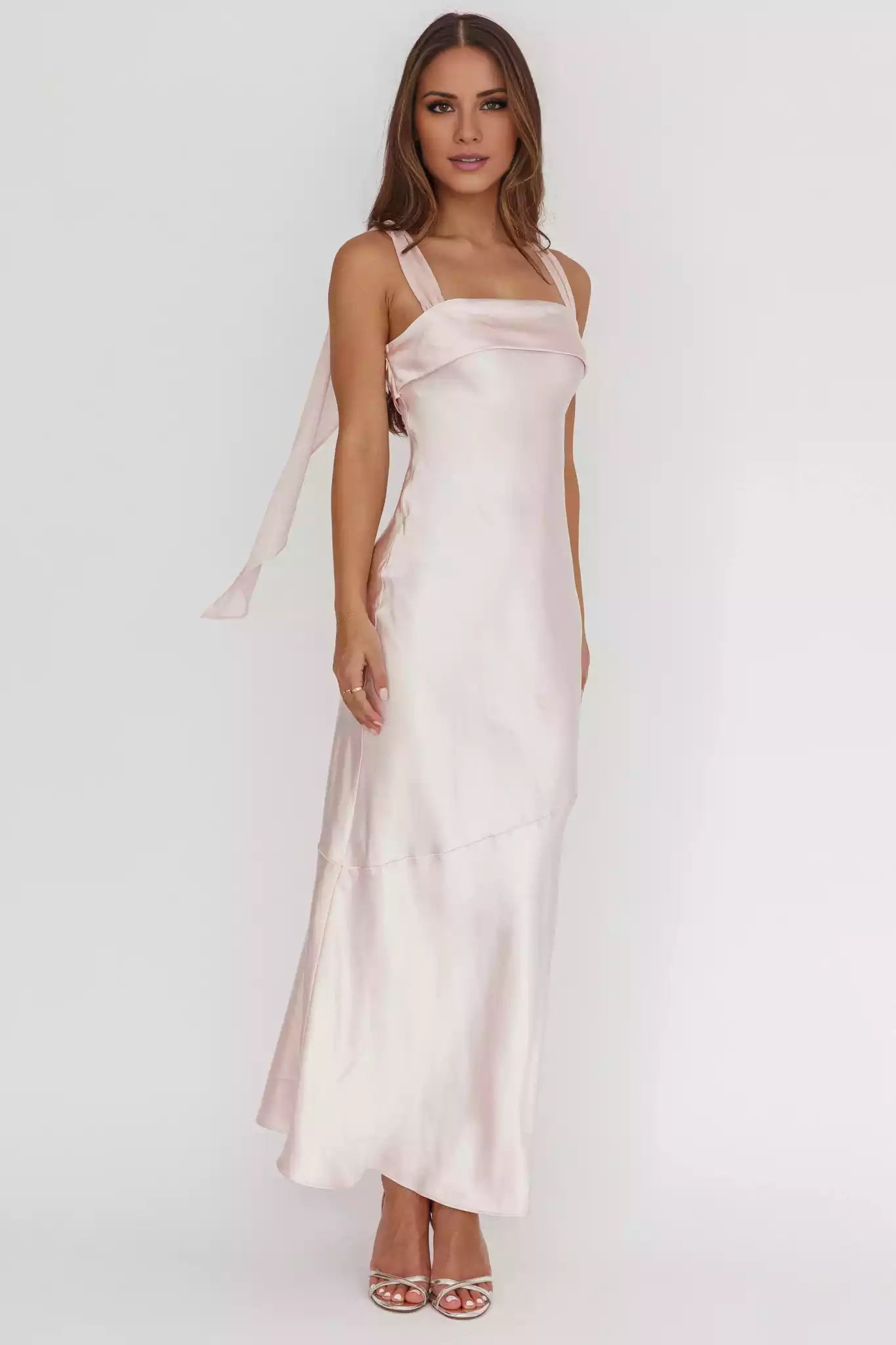 Charming satin shoulder strap details without lining, zipper on the long side Prom Dresses