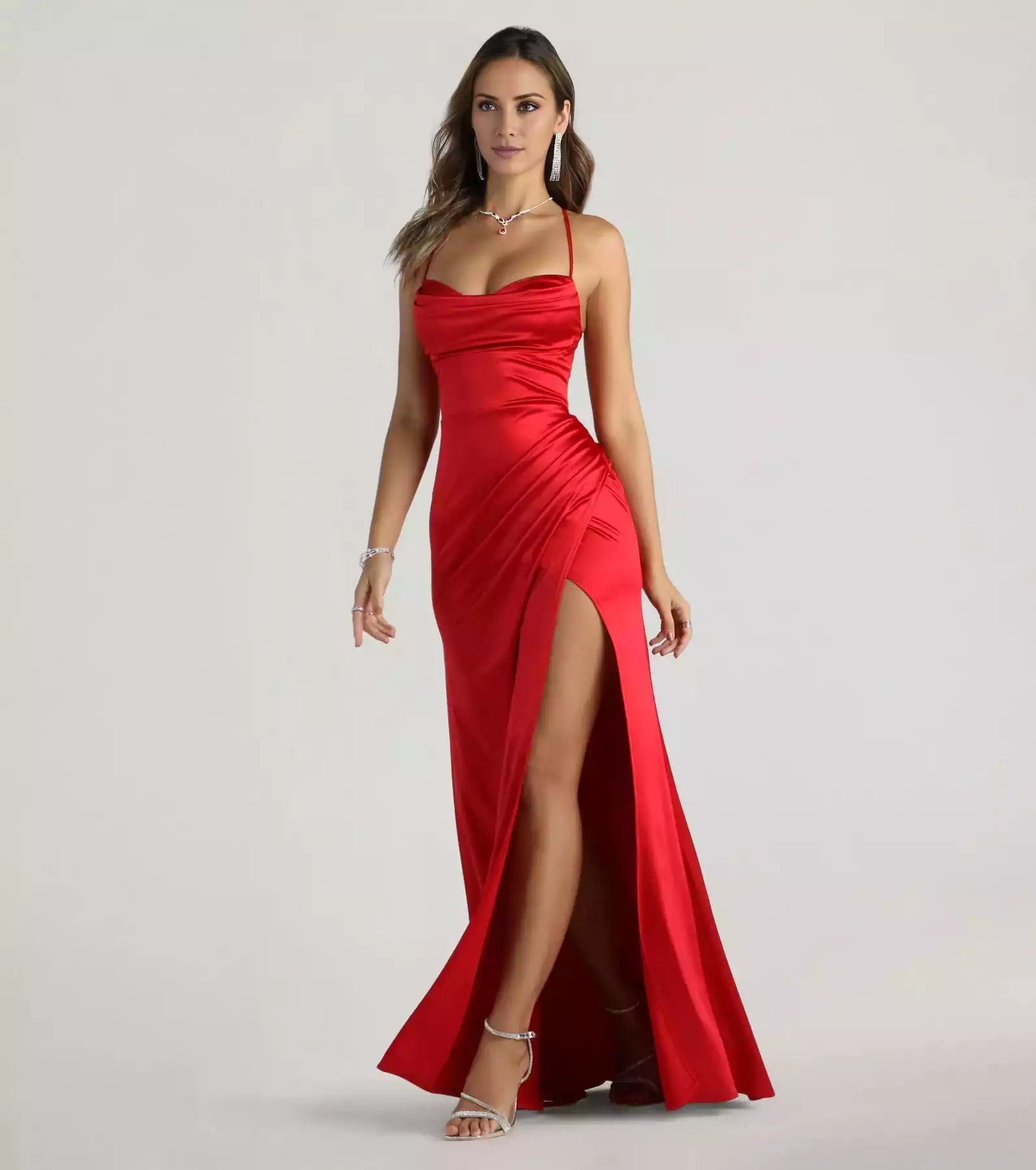 Charming silky satin sleeveless high neck, thin shoulder strap, backless lace up, slim fit silhouette, front high slit Prom Dresses