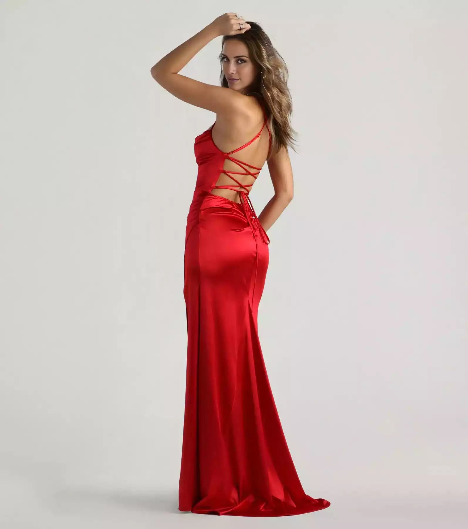 Charming silky satin sleeveless high neck, thin shoulder strap, backless lace up, slim fit silhouette, front high slit Prom Dresses