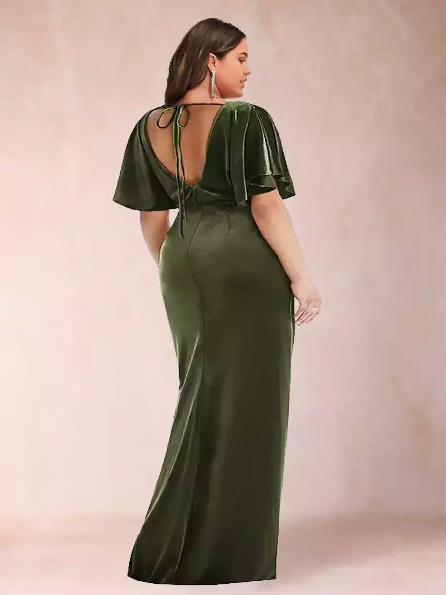 Charming slim fit/straight round neck short sleeved plus size side slit ruffle hem Mother of the Bride Dresses