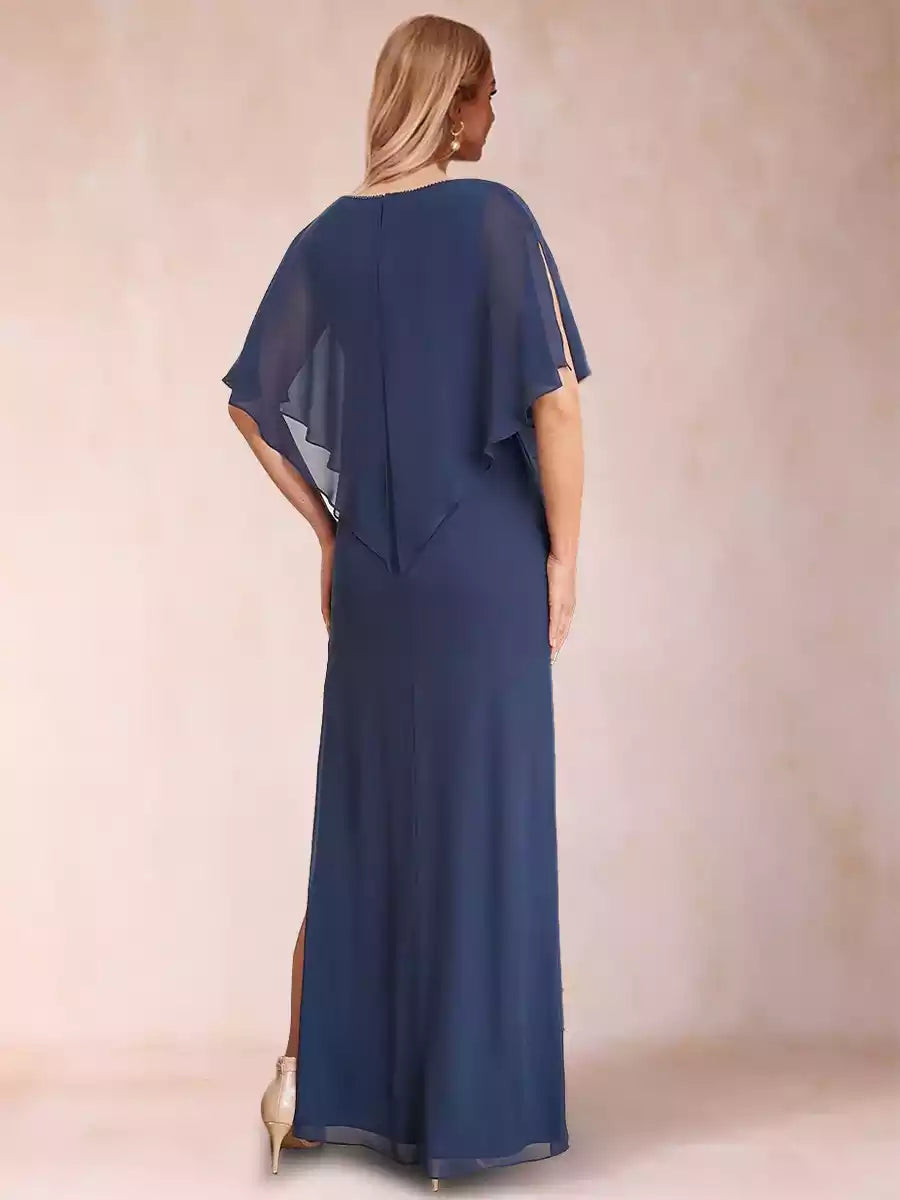 Charming slim fit/straight tube chiffon V-neck half sleeve side slit long Mother of the Bride Dresses