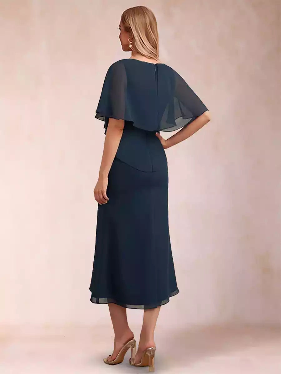 Charming slim fit/straight tube chiffon round neck half sleeve pleated Mother of the Bride Dresses
