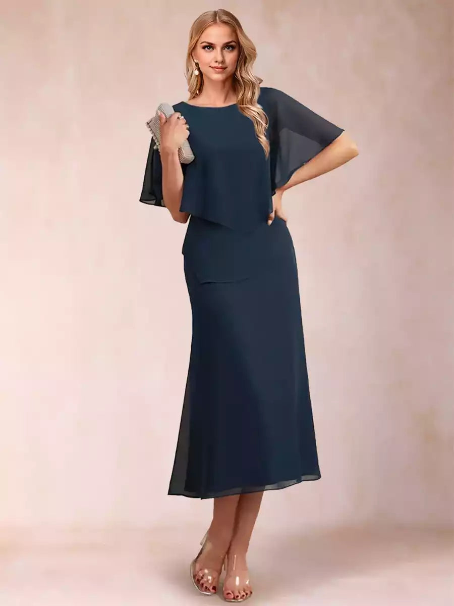 Charming slim fit/straight tube chiffon round neck half sleeve pleated Mother of the Bride Dresses
