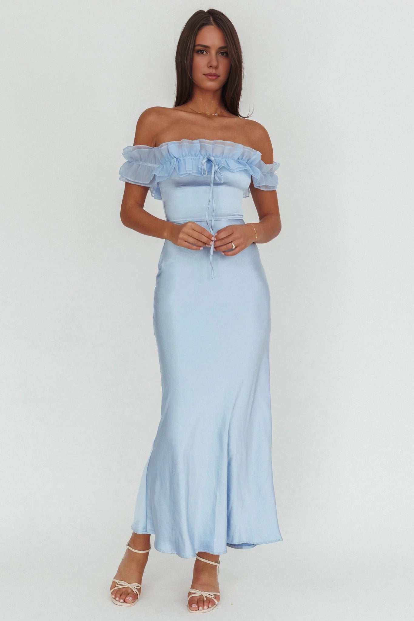 Charming slim fit unlined off shoulder ruffled bridesmaid dress