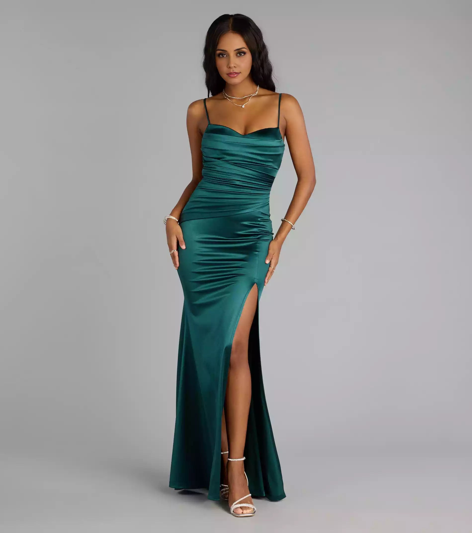 Charming smooth knit sleeveless heart-shaped neckline with pleats, adjustable slim shoulder straps, high slit and floor mermaid Prom Dresses