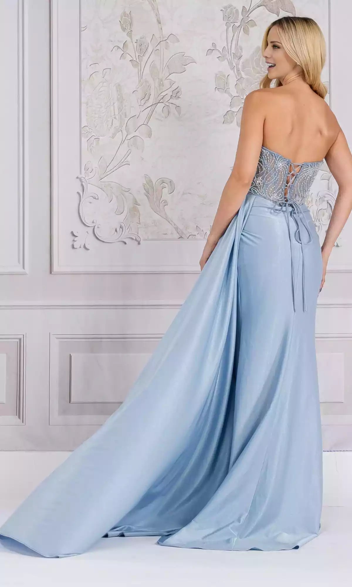 Charming strapless long see through corset with pleats resembling wrap and side slits hanging down Prom Dresses