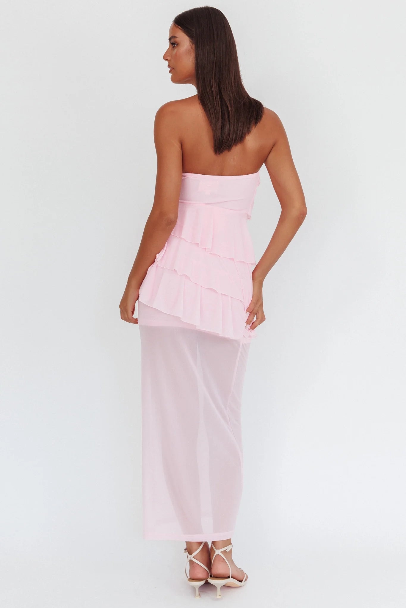 Charming strapless mesh fabric layered with ruffled edges and side slits Homecoming Dresses