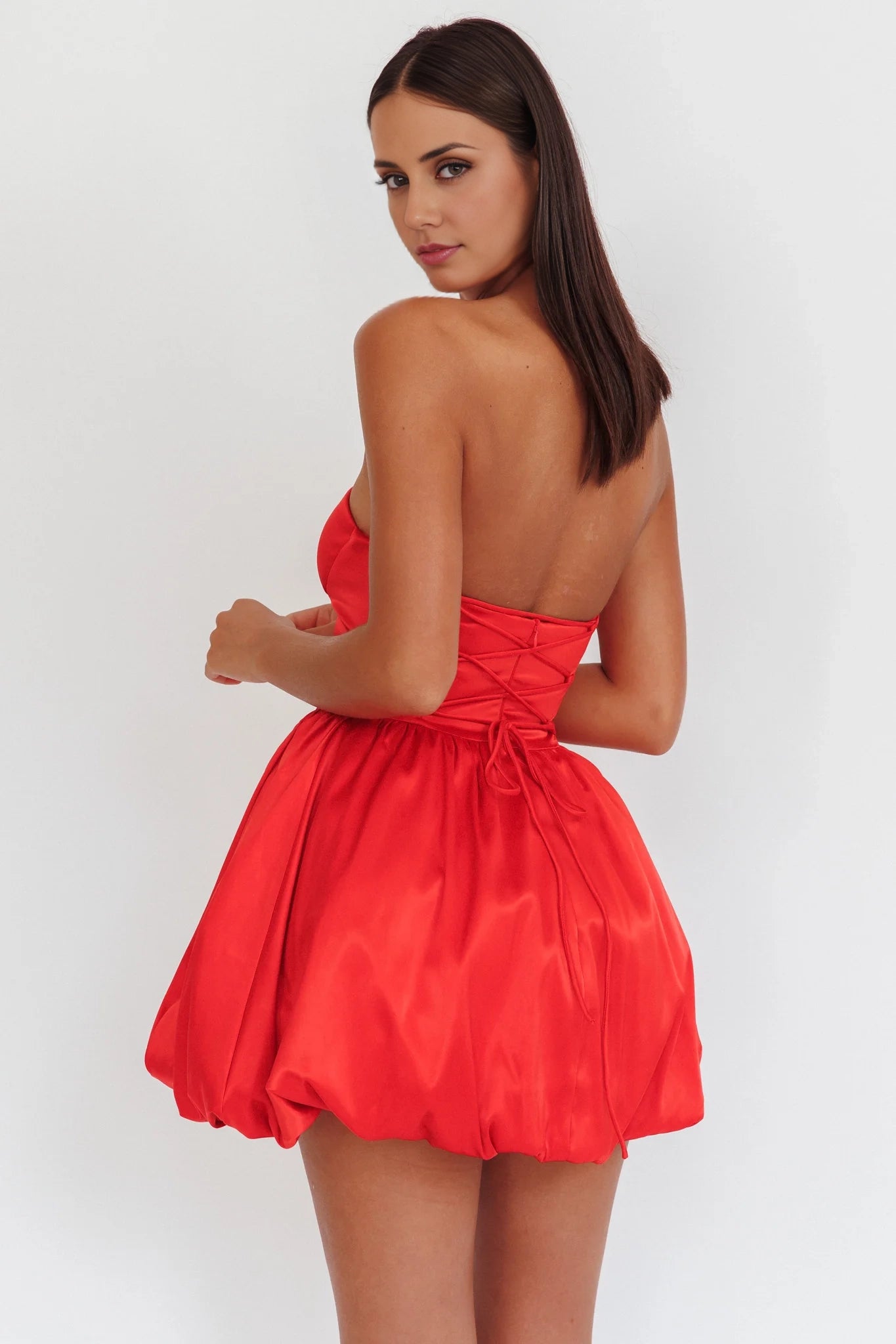 Charming strapless off shoulder lantern skirt with mini mesh design for added fluffiness Homecoming Dresses