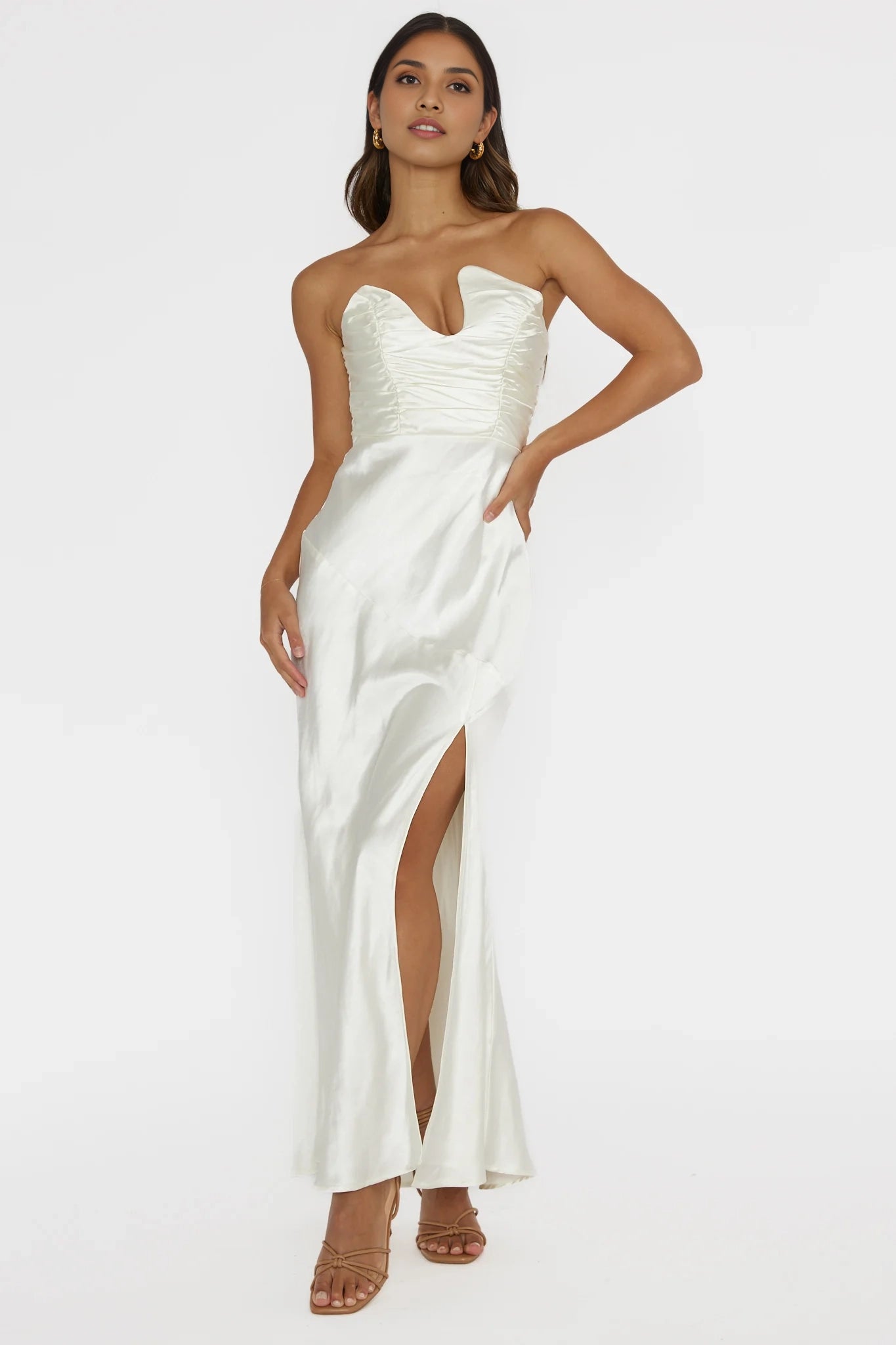 Charming strapless side slit asymmetric neckline satin extra long Homecoming Dresses