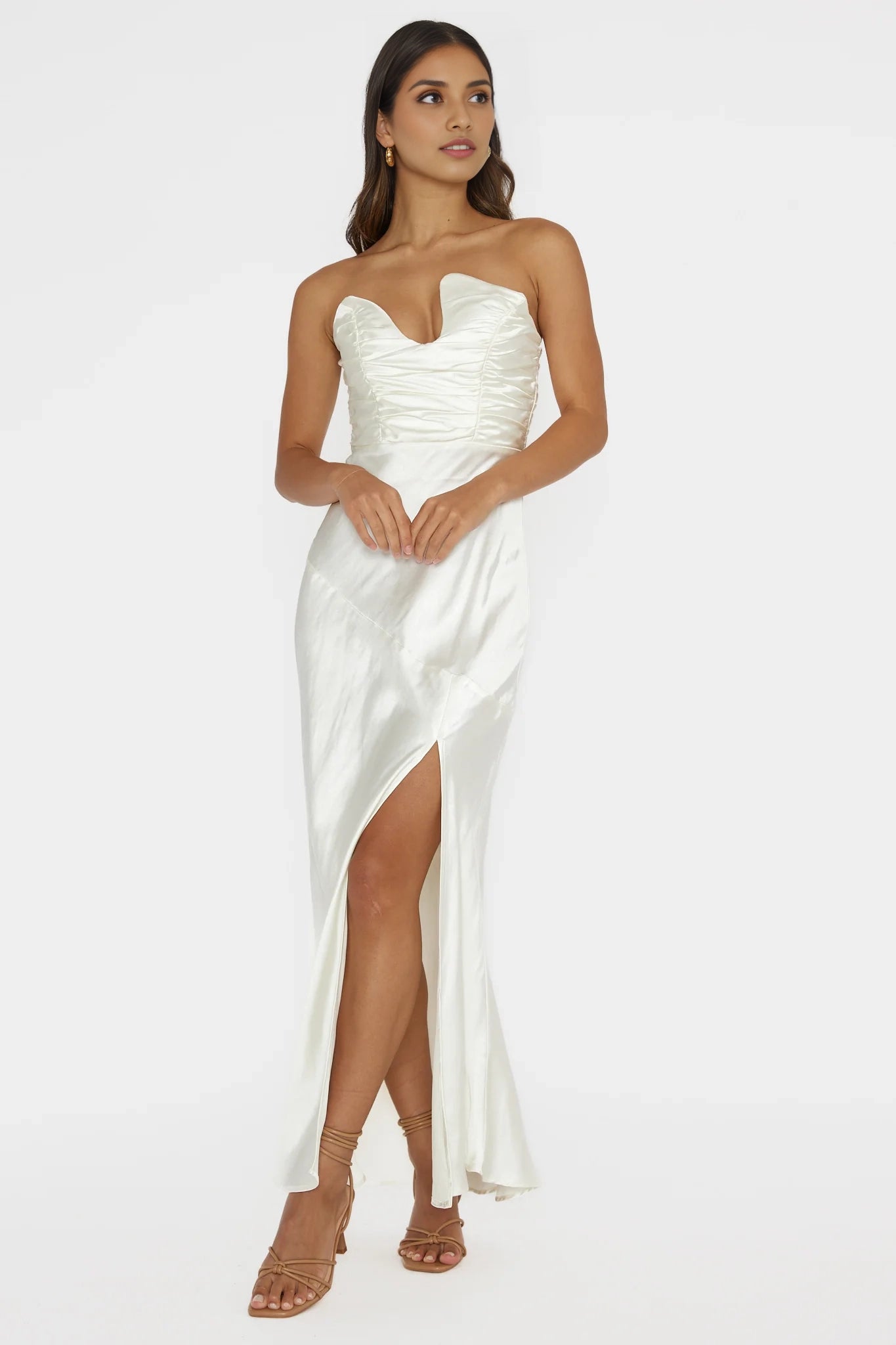 Charming strapless side slit asymmetric neckline satin extra long Homecoming Dresses