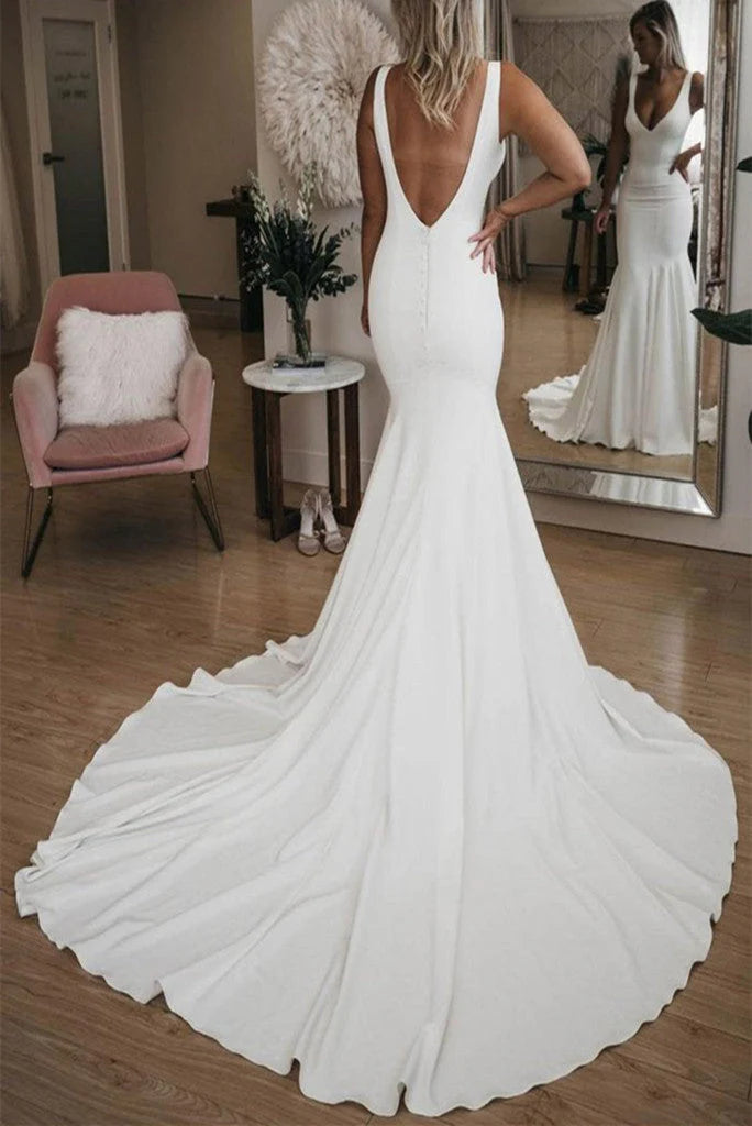 Chic V Neck Mermaid Wedding Dresses Ivory Satin Long Cheap Beach Wedding Gowns