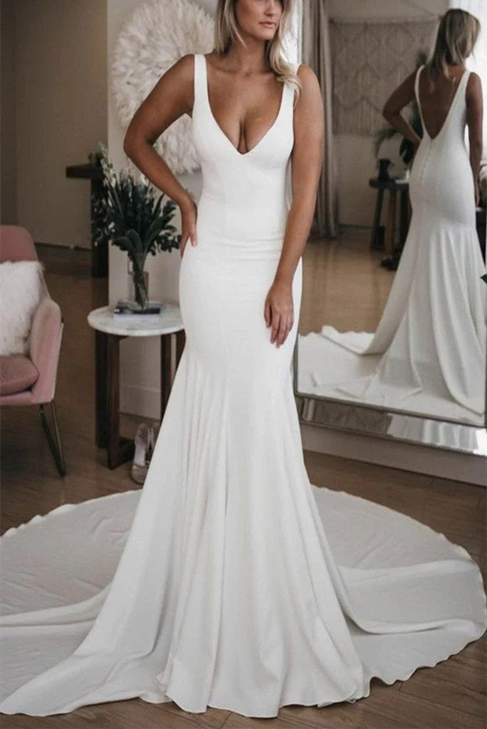 Chic V Neck Mermaid Wedding Dresses Ivory Satin Long Cheap Beach Wedding Gowns