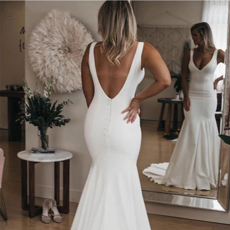 Chic V Neck Mermaid Wedding Dresses Ivory Satin Long Cheap Beach Wedding Gowns