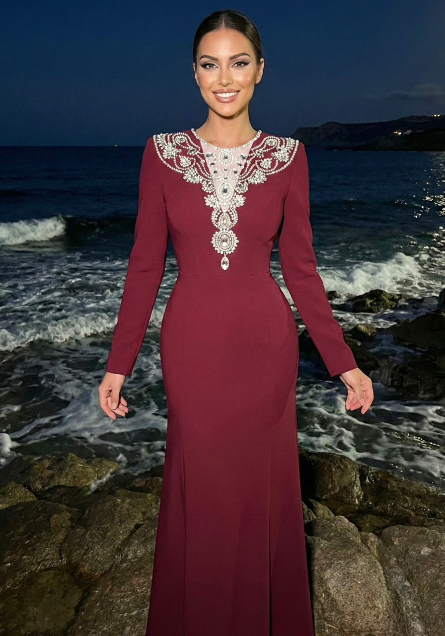 Chic Burgundy V-Neck Long Sleeve Beaded Mermaid Formal Evening Prom Dresses