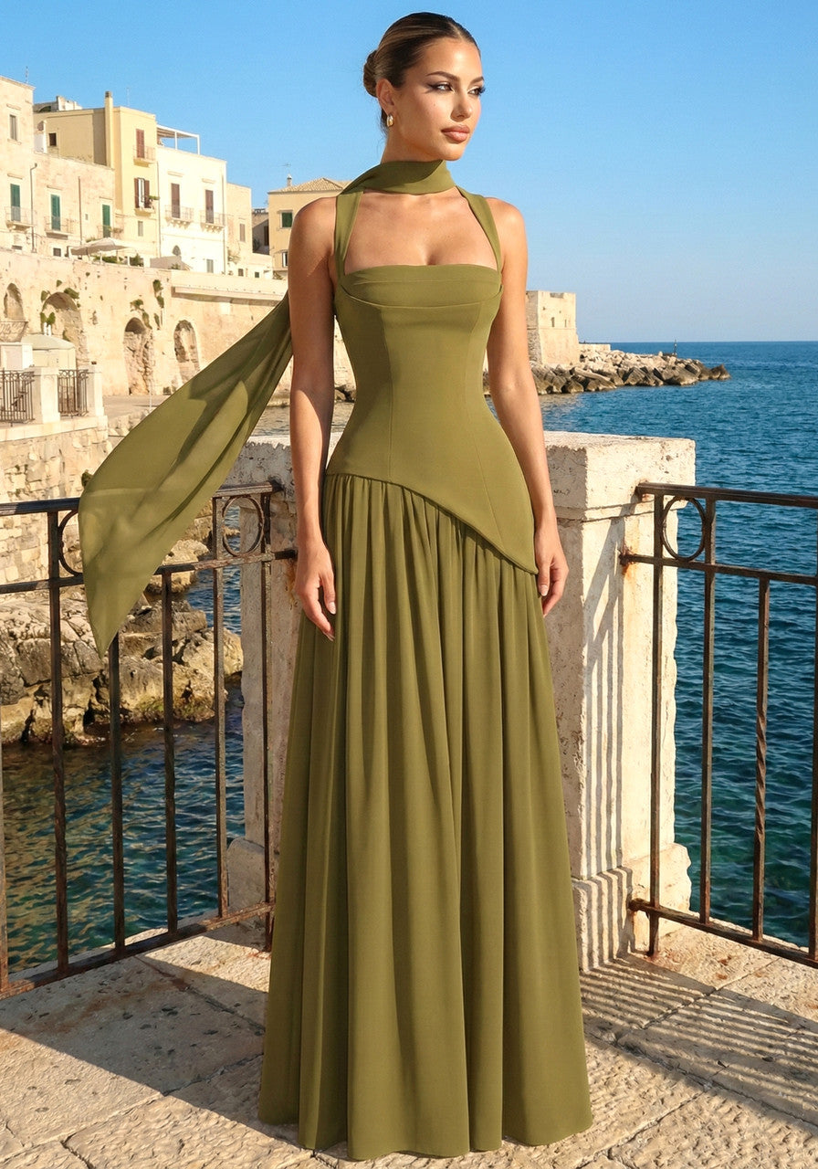 Chic Green Strapless Split Hem Midi Long Sleeve Formal Evening Prom Dresses