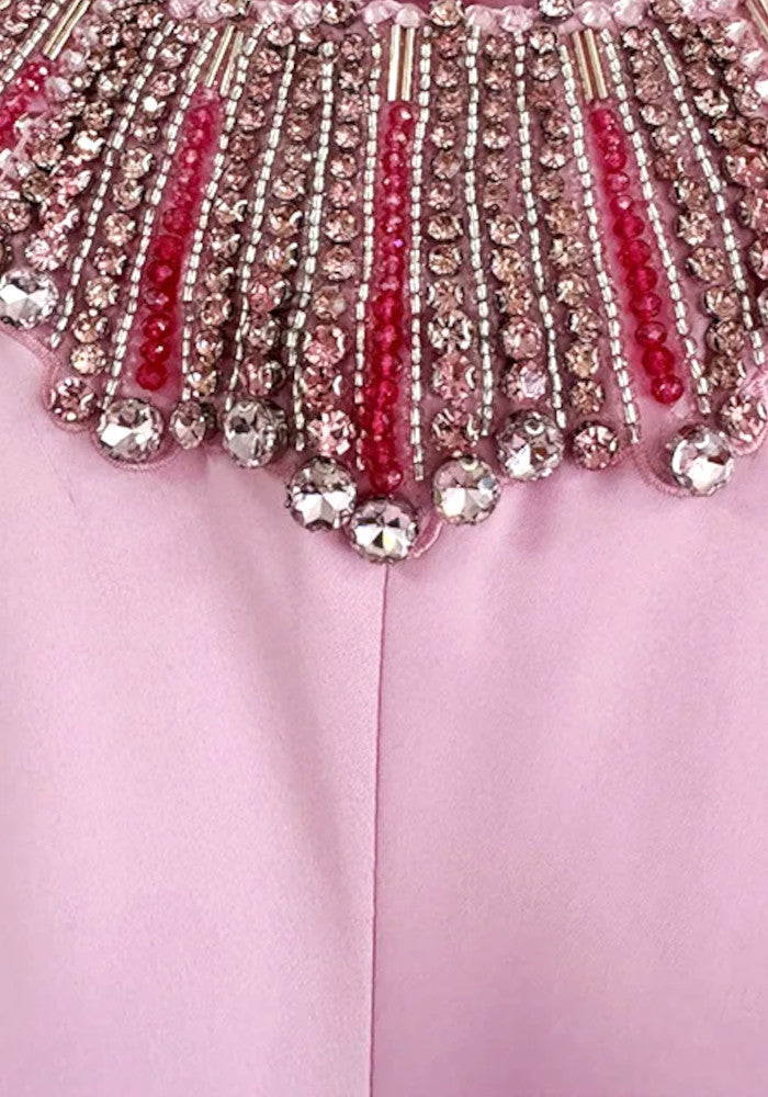 Chic Light Pink V-Neck Beaded Long Sleeve Midi Formal Evening Prom Dresses