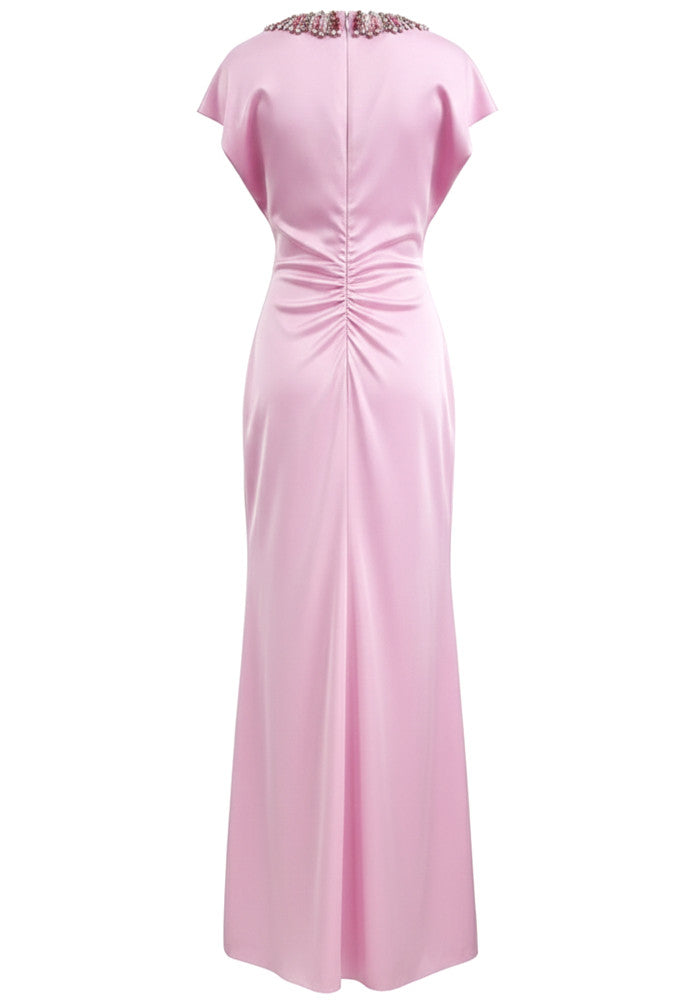 Chic Light Pink V-Neck Beaded Long Sleeve Midi Formal Evening Prom Dresses