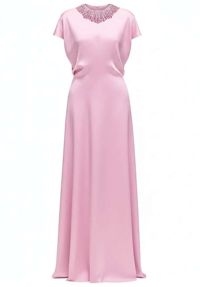 Chic Light Pink V-Neck Beaded Long Sleeve Midi Formal Evening Prom Dresses